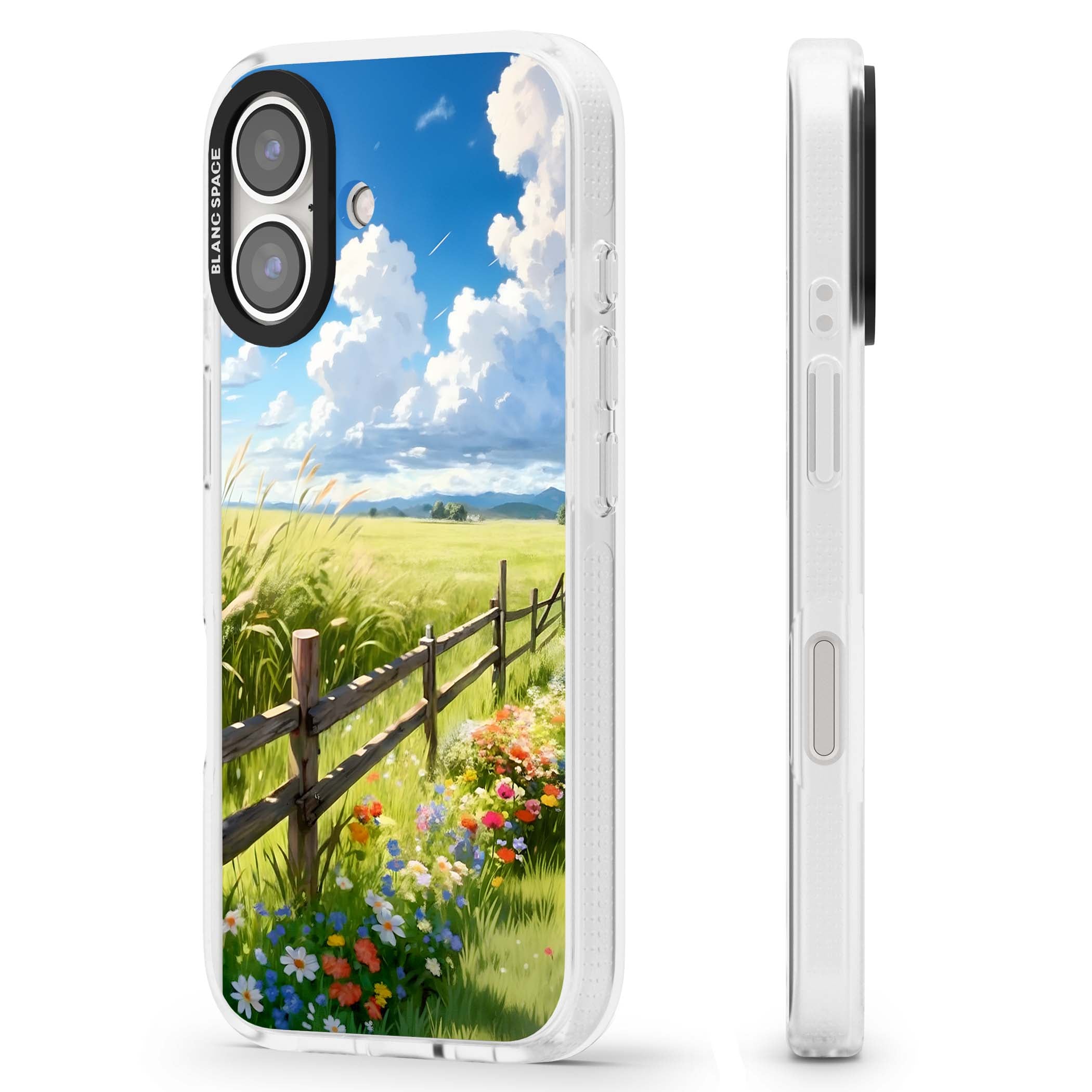 A Countryside Afternoon cottagecore iPhone case featuring a painted countryside meadow, wooden fence, and wildflowers beneath | Clear Case Impact Air case for iPhone 16, iPhone 16 Plus