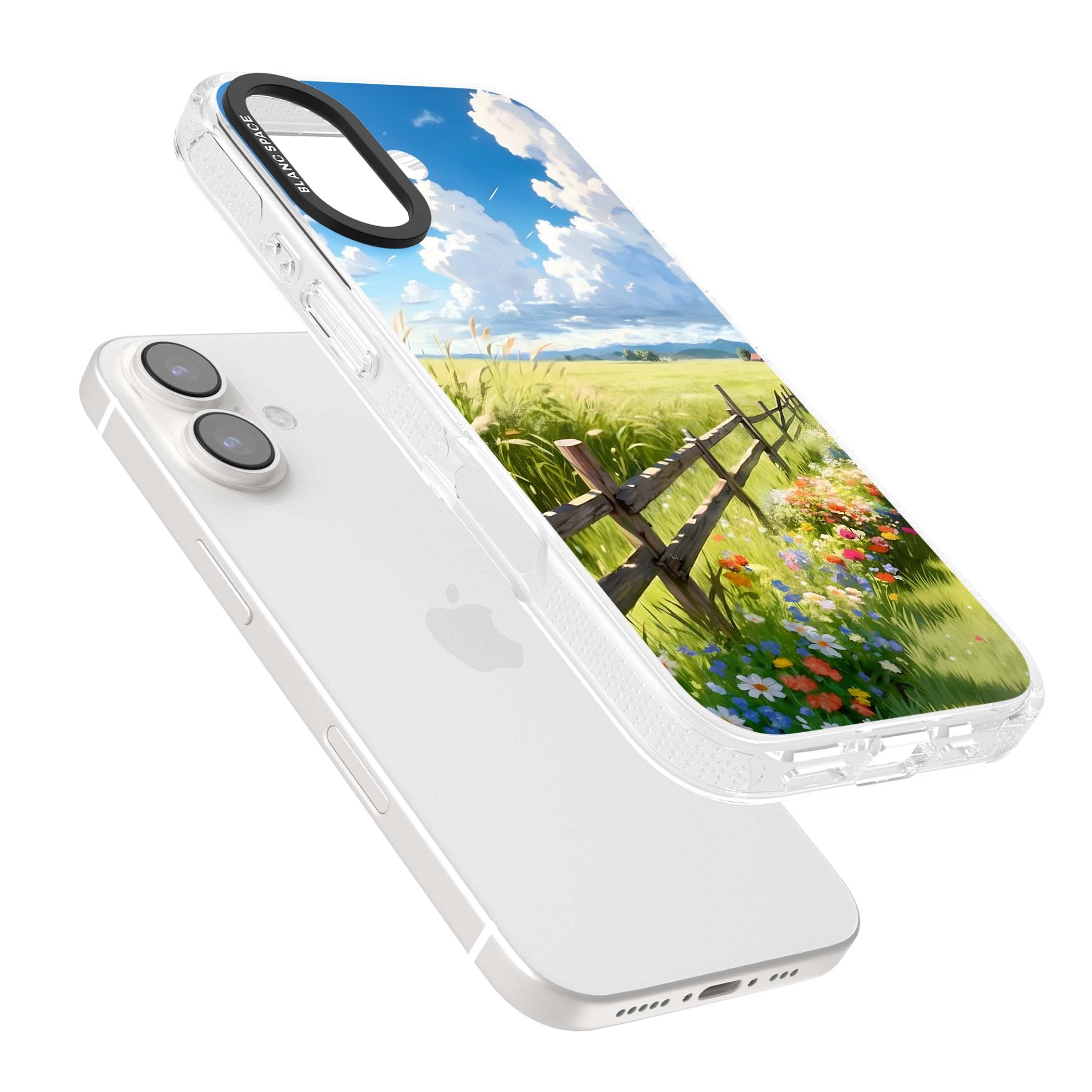 A Countryside Afternoon cottagecore iPhone case featuring a painted countryside meadow, wooden fence, and wildflowers beneath | Clear Case Impact Air case for iPhone 16, iPhone 16 Plus
