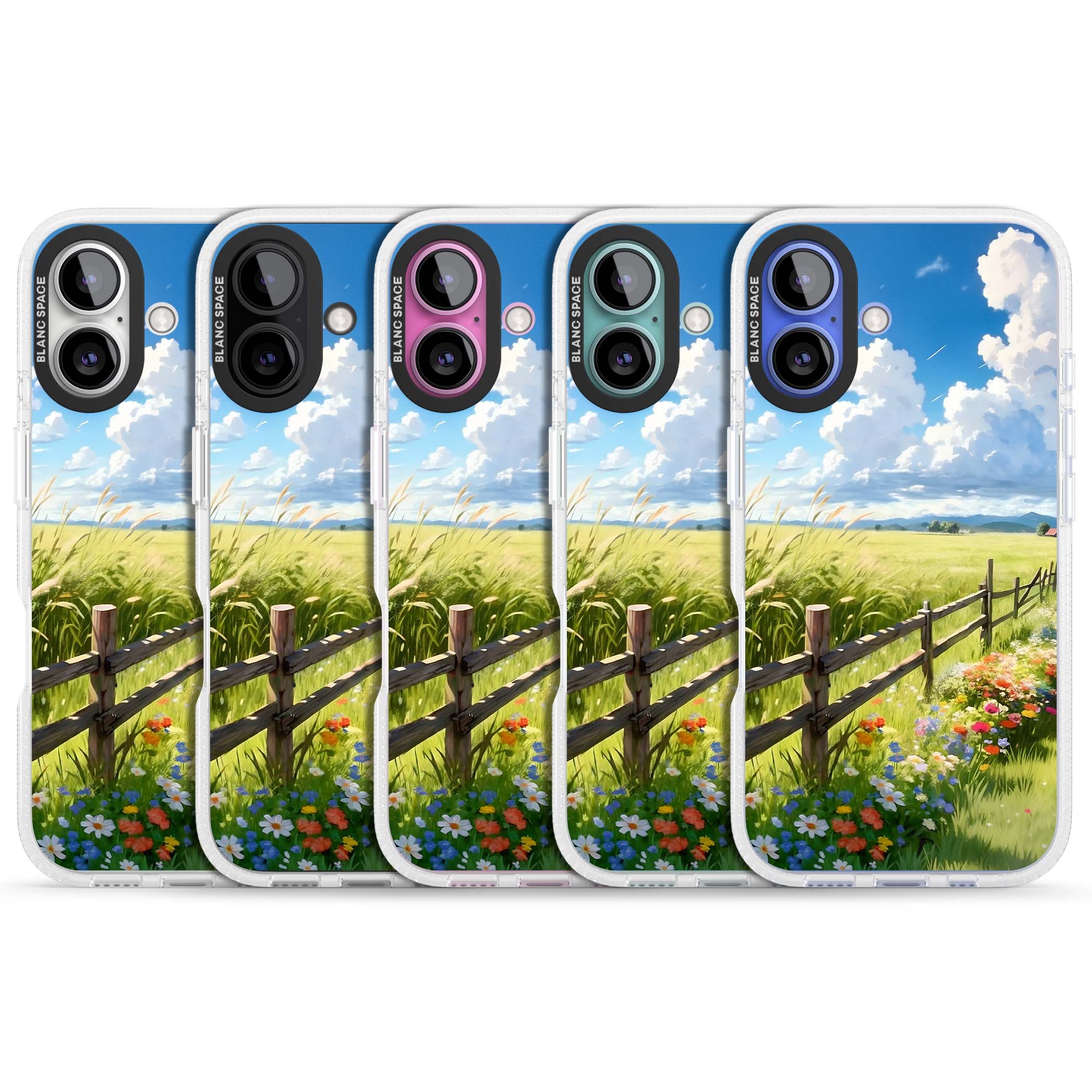 A Countryside Afternoon cottagecore iPhone case featuring a painted countryside meadow, wooden fence, and wildflowers beneath | Clear Case Impact Air case for iPhone 16, iPhone 16 Plus