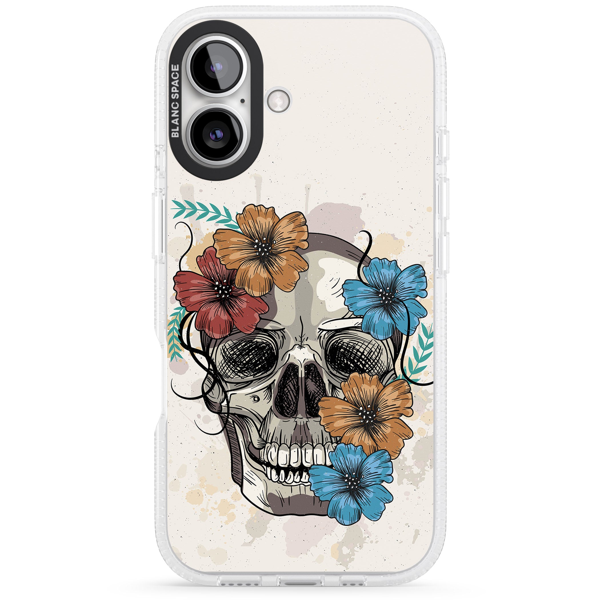Sugar Skull Floral iPhone 16 / 16 Plus Clear Case Impact Air - Blanc Space