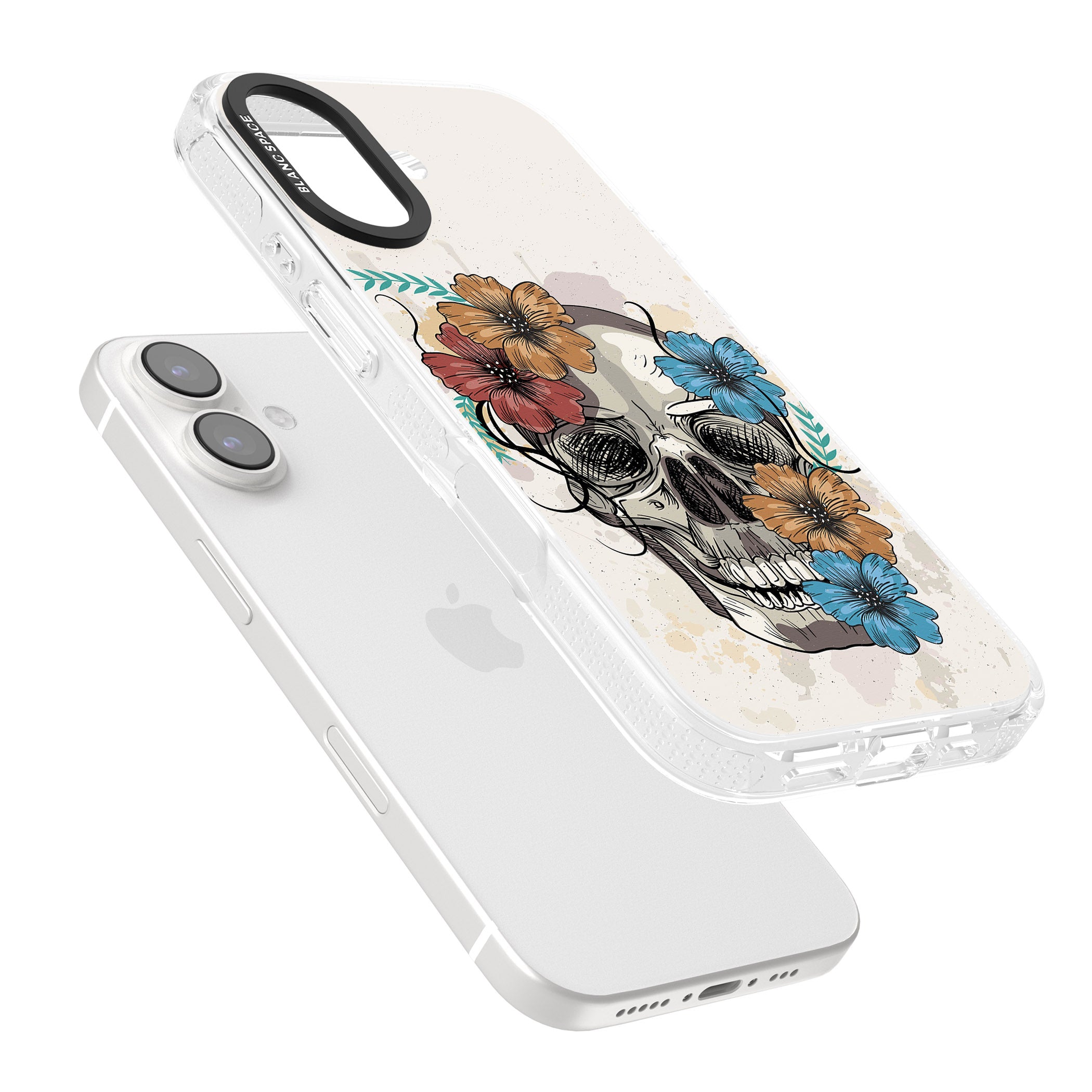 Sugar Skull Floral iPhone 16 / 16 Plus Clear Case Impact Air - Blanc Space