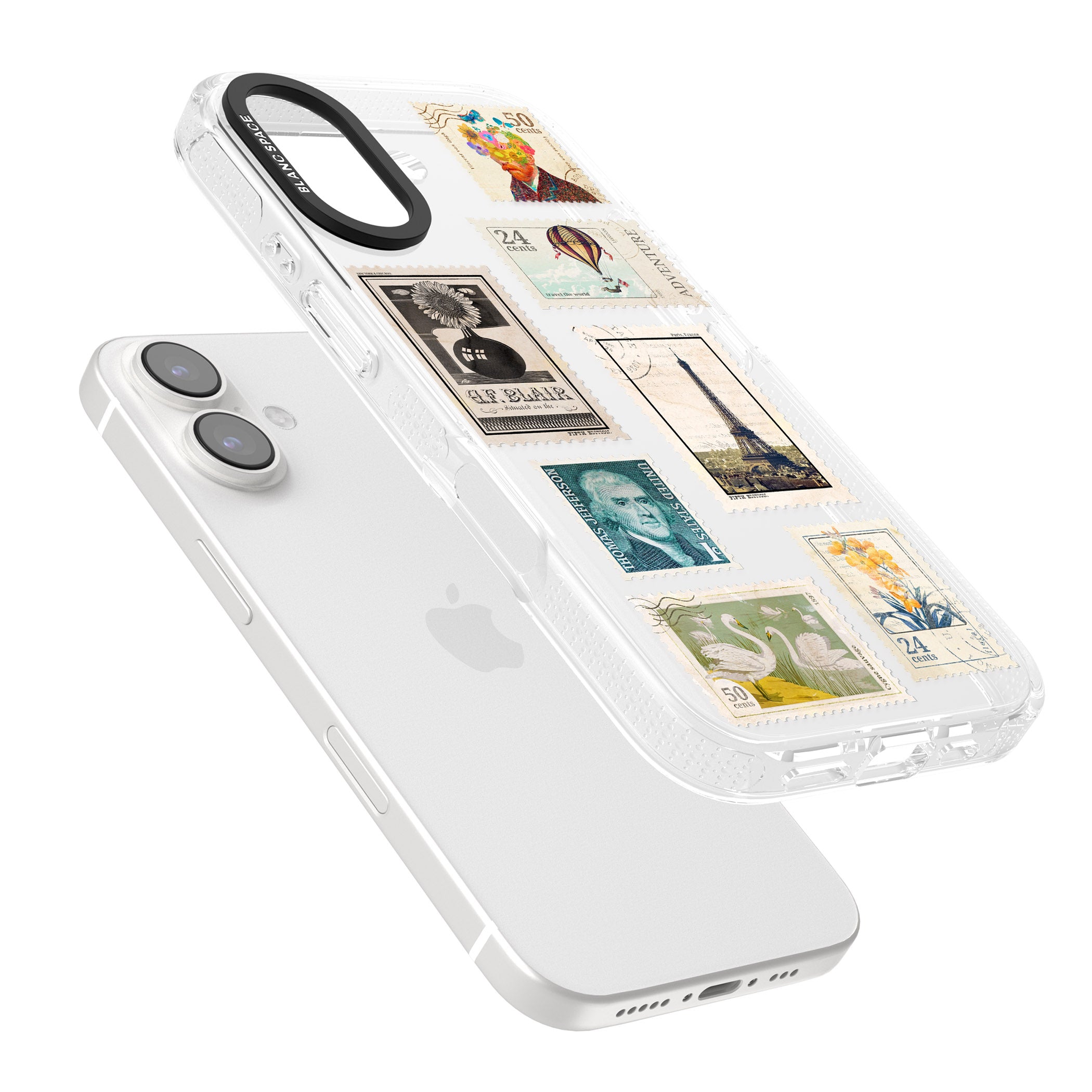 Vintage Stamps iPhone 16 / 16 Plus Clear Case Impact Air - Blanc Space