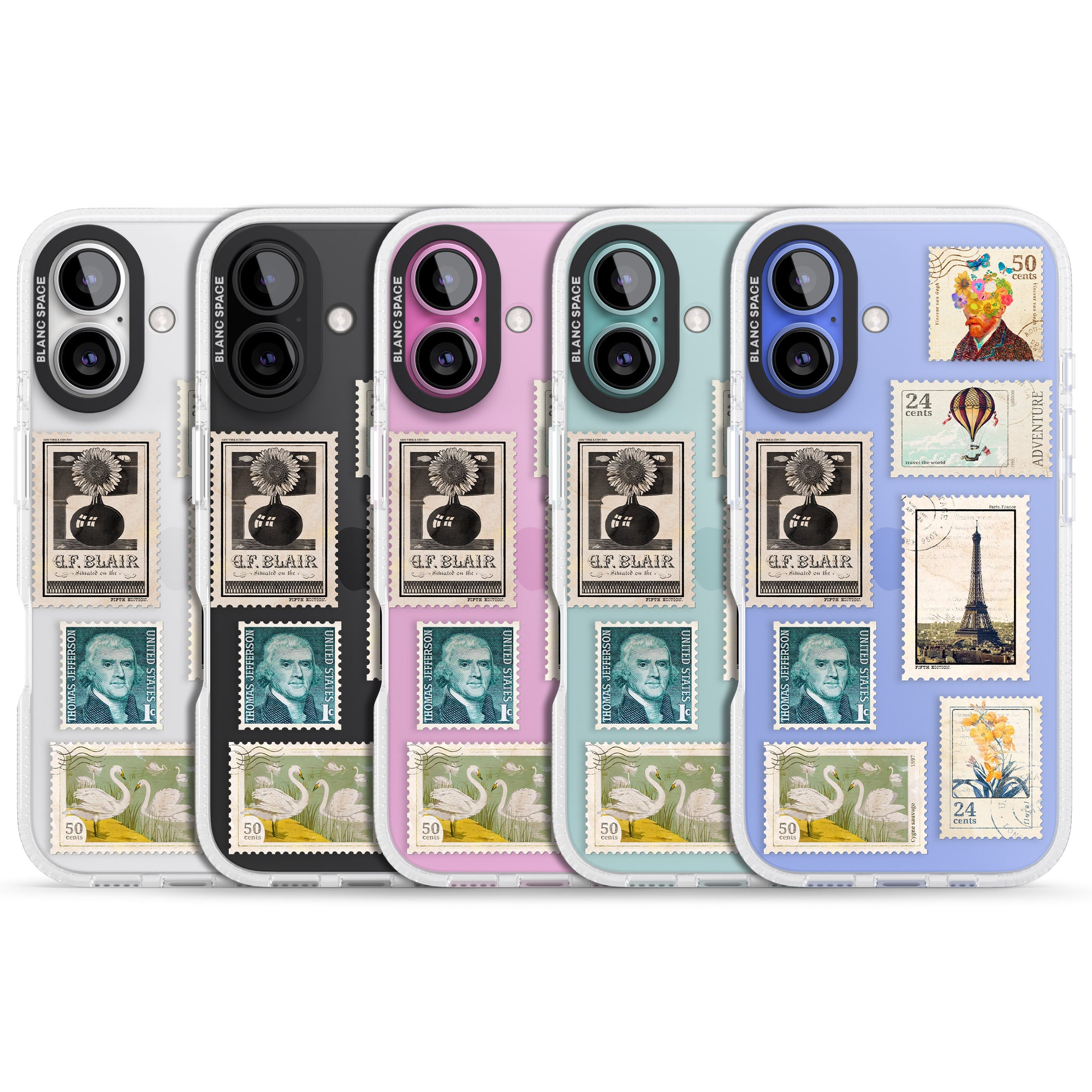 Vintage Stamps iPhone 16 / 16 Plus Clear Case Impact Air - Blanc Space