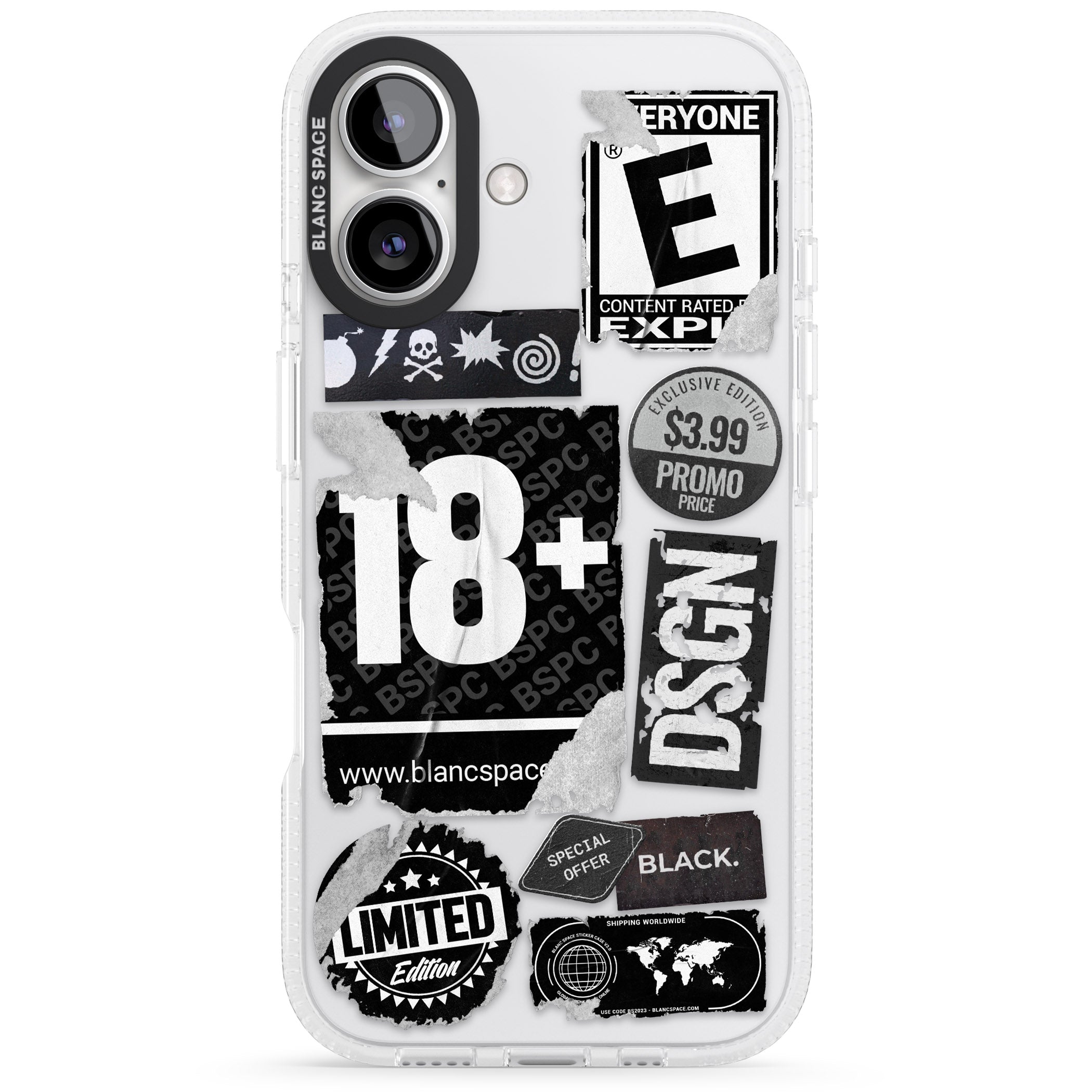 Black Sticker Mix iPhone 16 / 16 Plus Clear Case Impact Air - Blanc Space