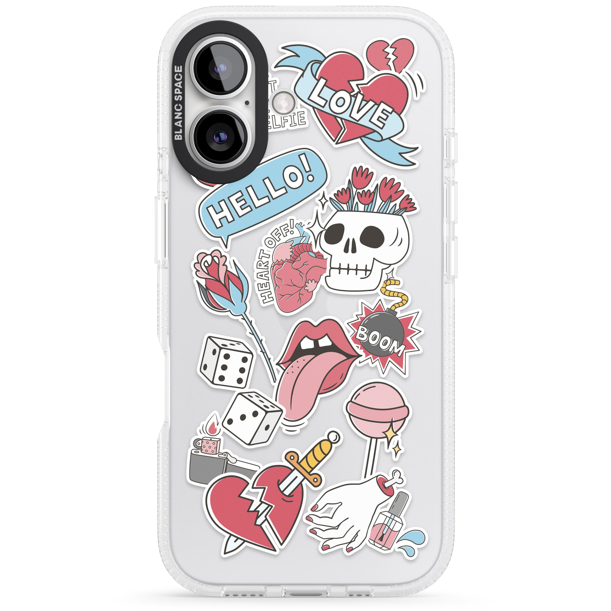 Skull & Flowers Sticker iPhone 16 / 16 Plus Clear Case Impact Air - Blanc Space