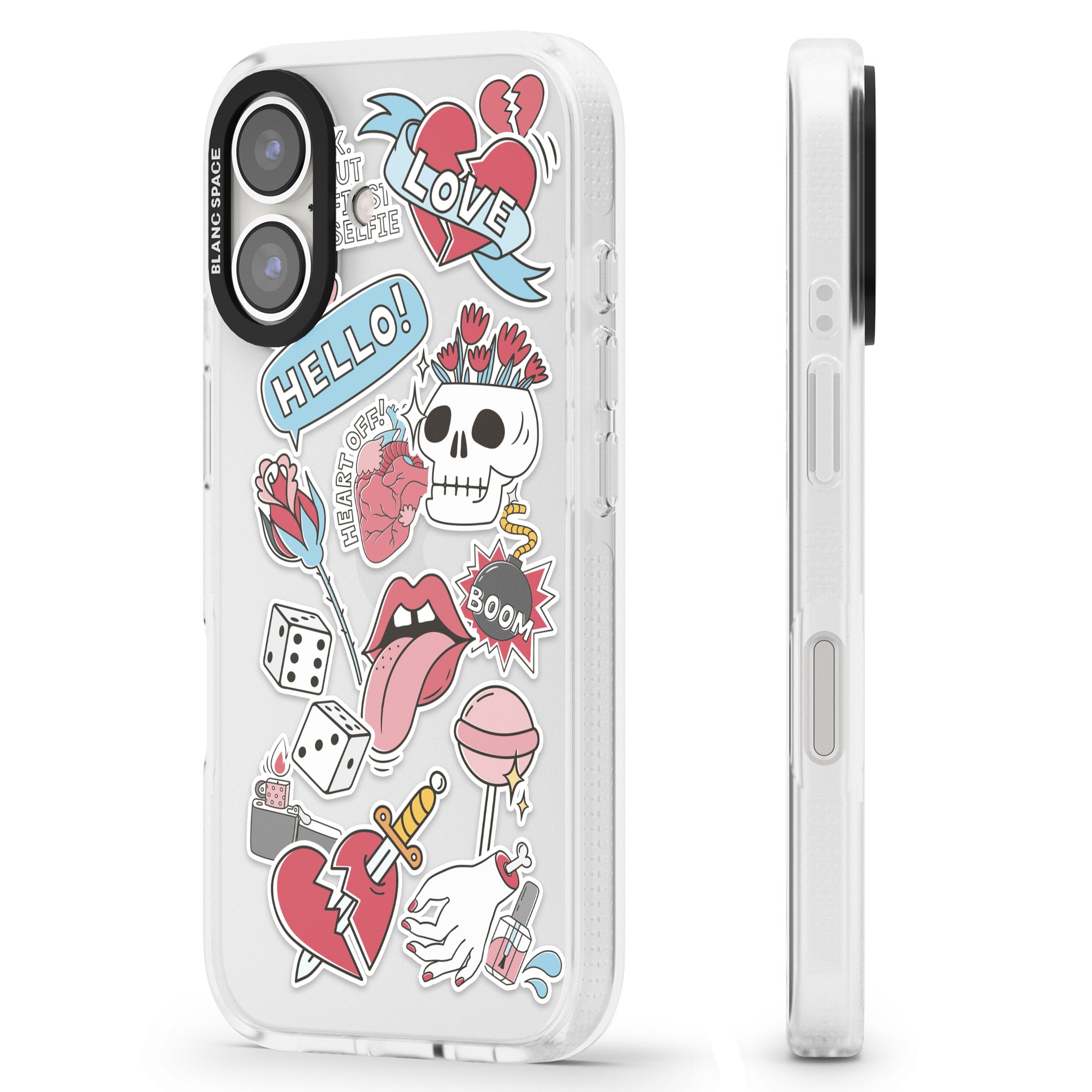 Skull & Flowers Sticker iPhone 16 / 16 Plus Clear Case Impact Air - Blanc Space