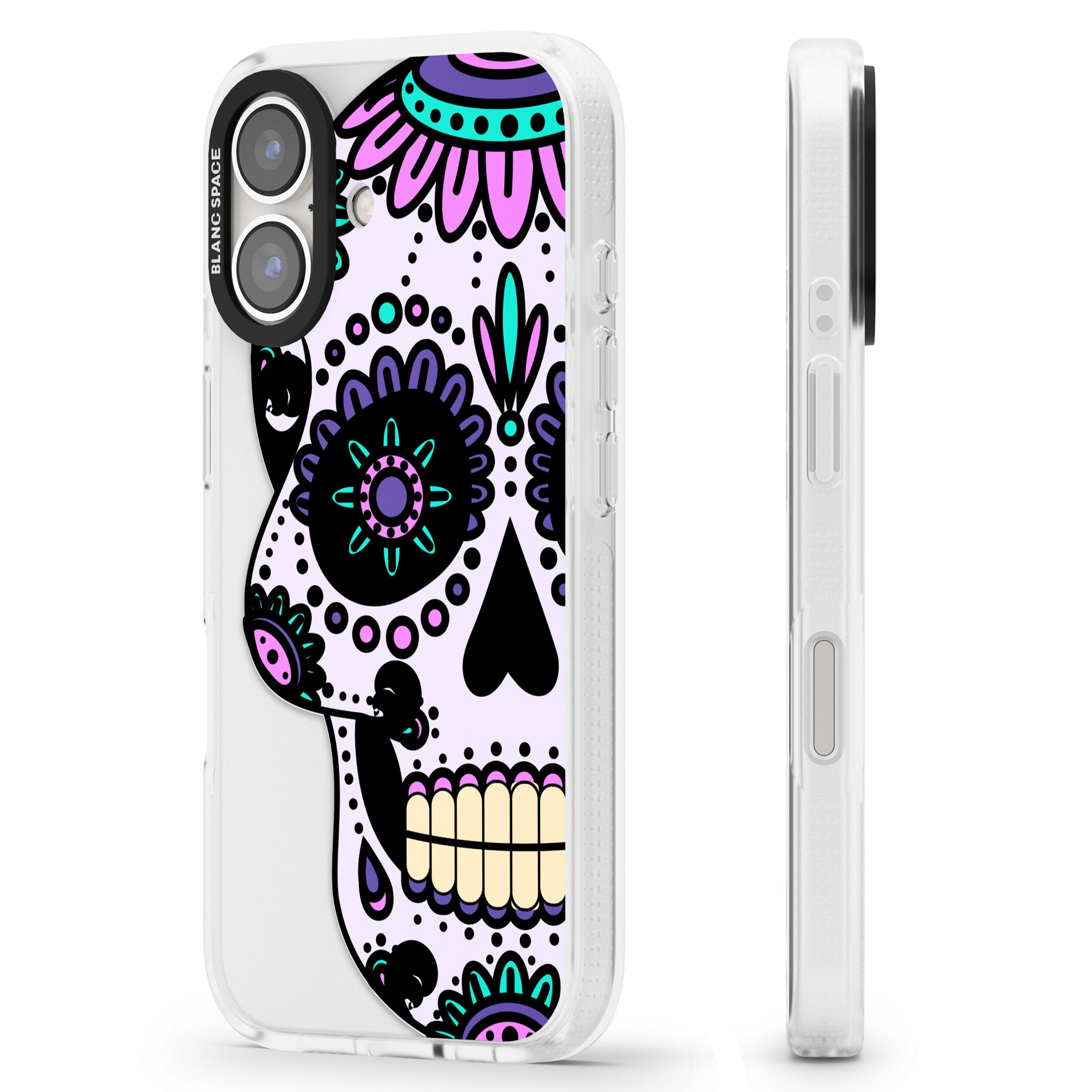 Violet Sugar Skull iPhone 16 / 16 Plus Clear Case Impact Air - Blanc Space