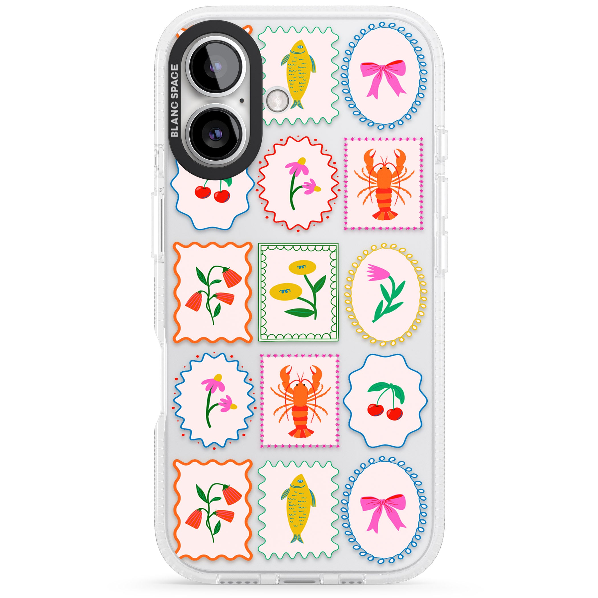 Floral & Seafood Stamps iPhone 16 / 16 Plus Clear Case Impact Air - Blanc Space