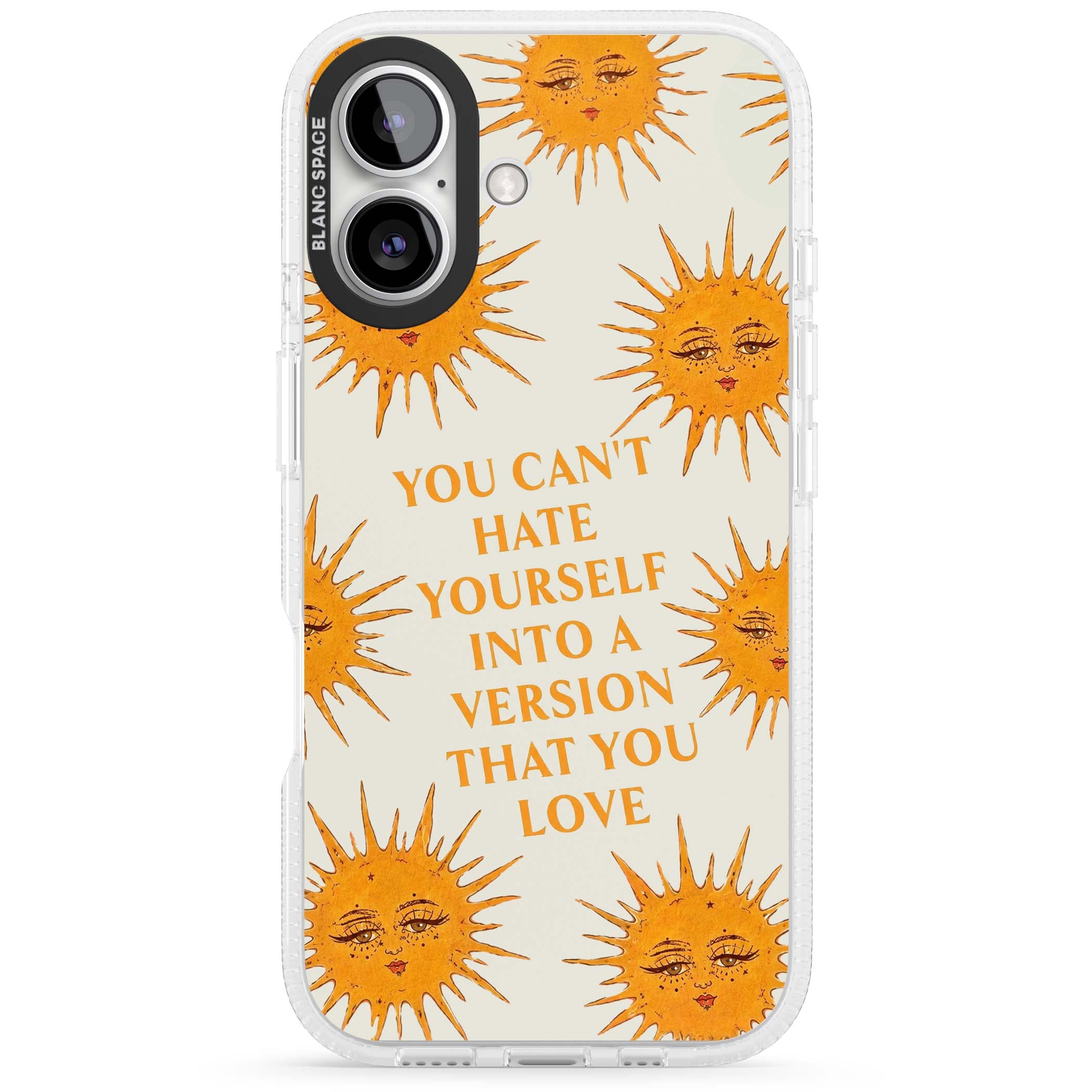 Don't Hate Yourself celestial iPhone case featuring vintage sun faces, ochre rays and a self-love quote | Clear Case Impact Air case for iPhone 16, iPhone 16 Plus