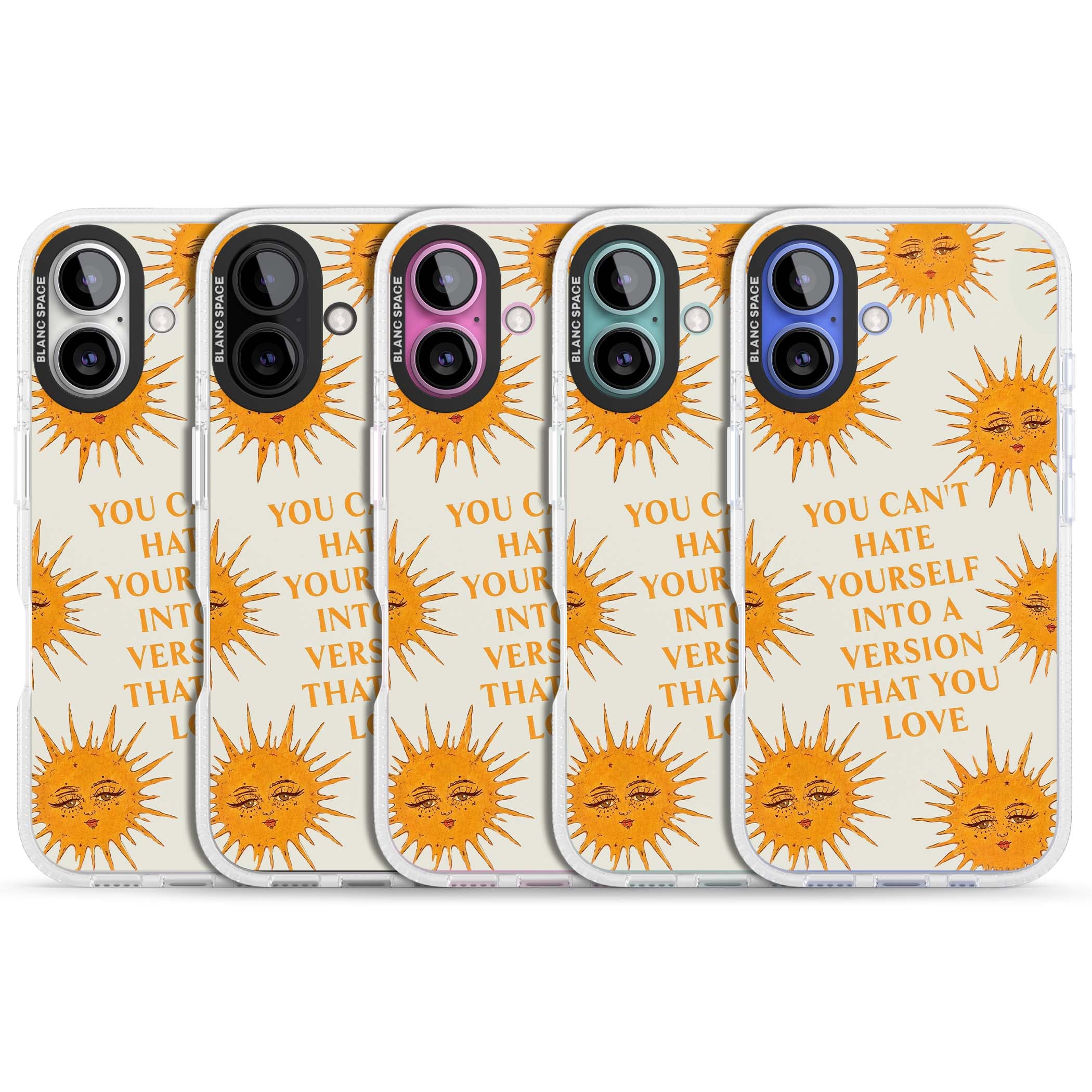 Don't Hate Yourself celestial iPhone case featuring vintage sun faces, ochre rays and a self-love quote | Clear Case Impact Air case for iPhone 16, iPhone 16 Plus
