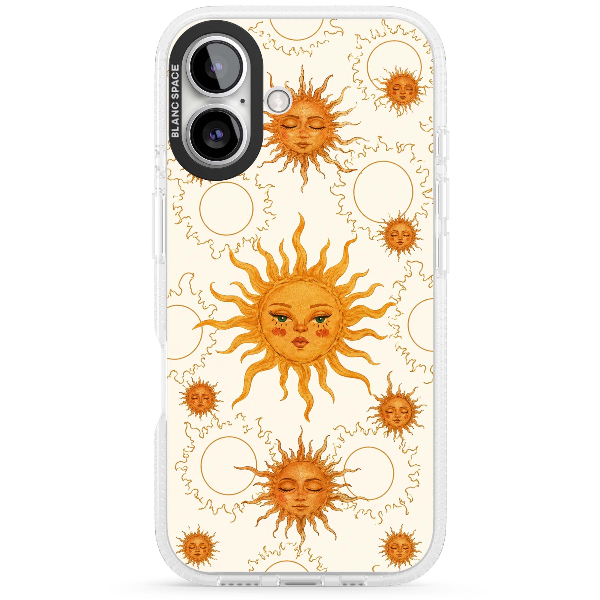 Solstice Muse celestial iPhone case featuring hand-painted golden sun faces, closed-eye sun goddesses and outlined moons... | Clear Case Impact Air case for iPhone 16, iPhone 16 Plus