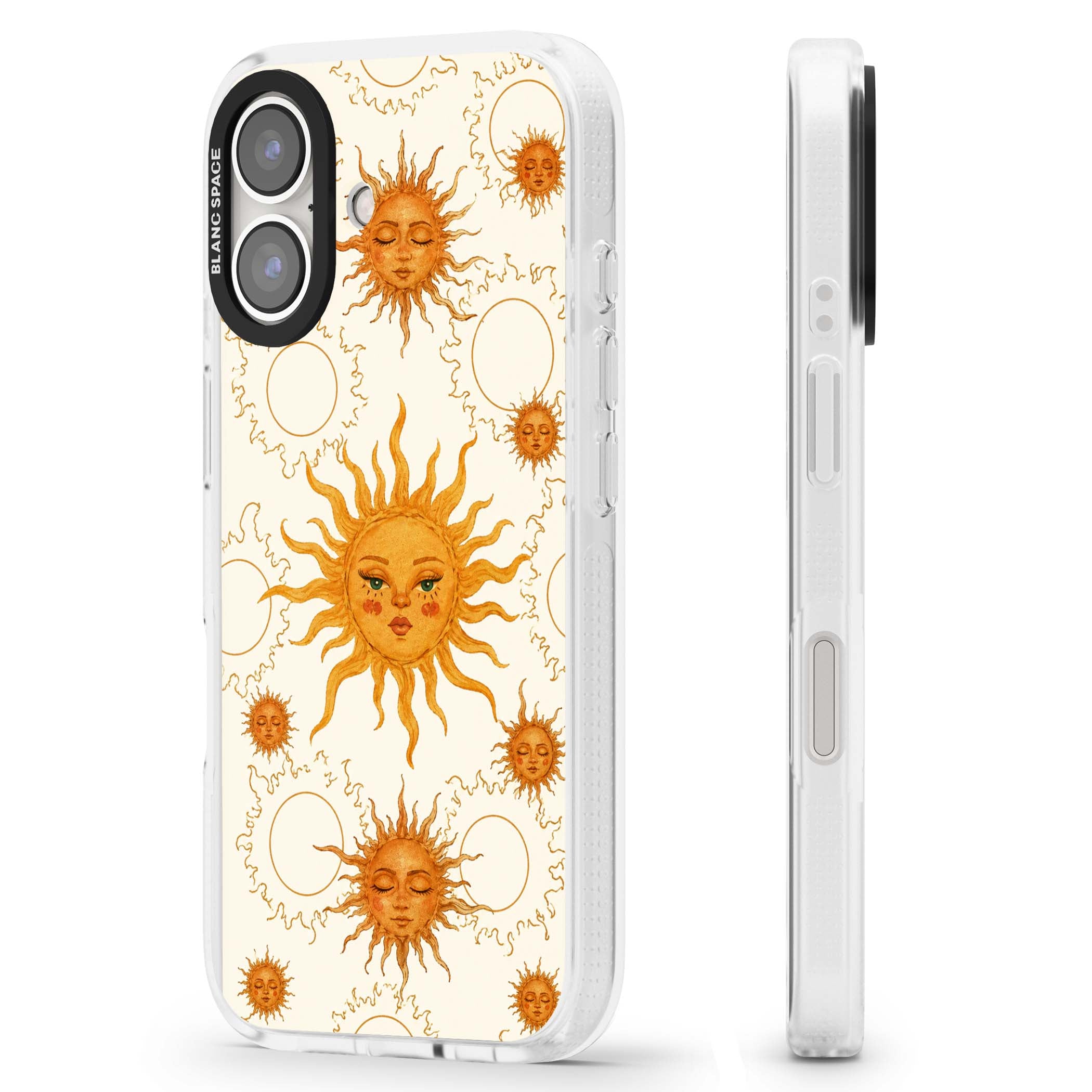 Solstice Muse celestial iPhone case featuring hand-painted golden sun faces, closed-eye sun goddesses and outlined moons... | Clear Case Impact Air case for iPhone 16, iPhone 16 Plus