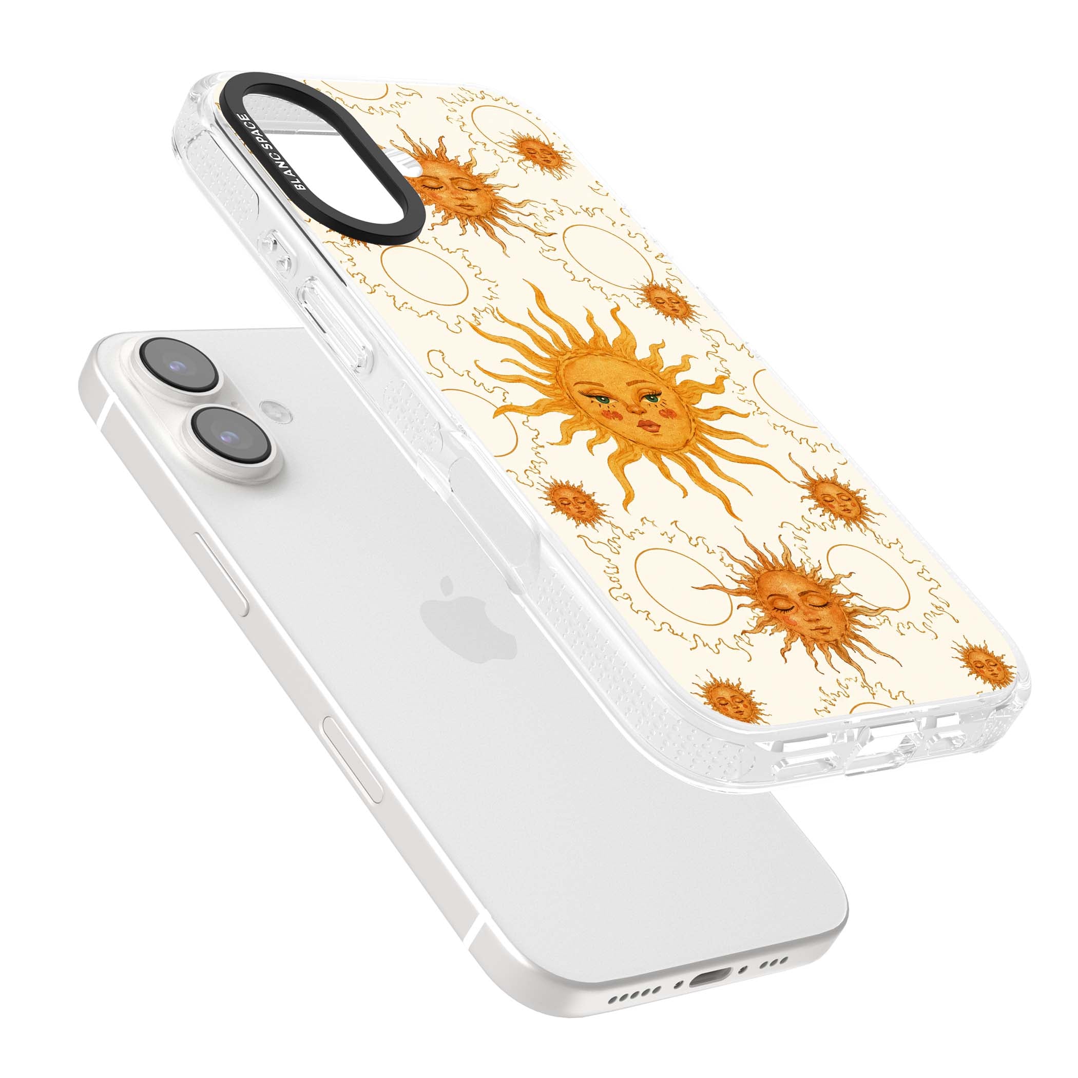 Solstice Muse celestial iPhone case featuring hand-painted golden sun faces, closed-eye sun goddesses and outlined moons... | Clear Case Impact Air case for iPhone 16, iPhone 16 Plus