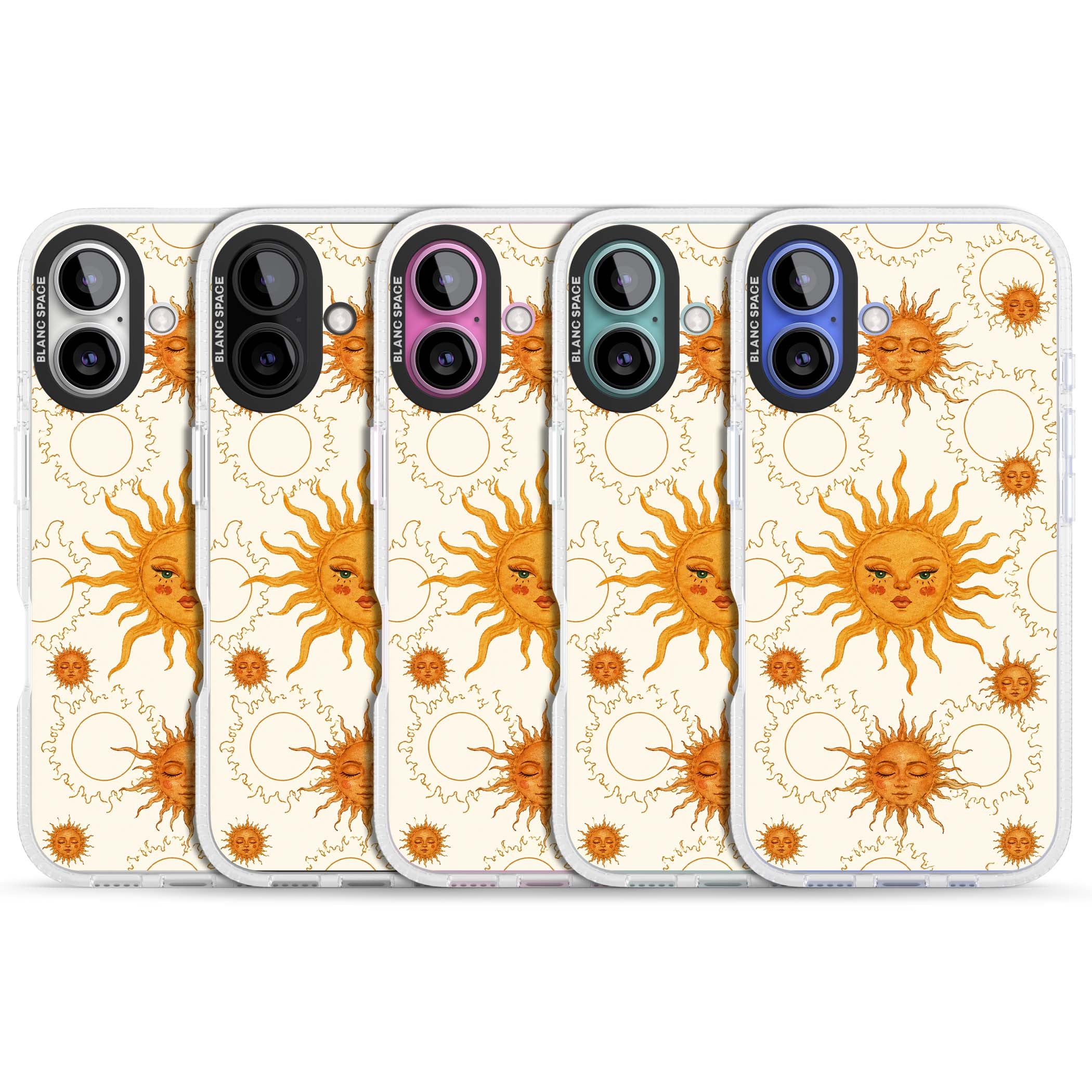 Solstice Muse celestial iPhone case featuring hand-painted golden sun faces, closed-eye sun goddesses and outlined moons... | Clear Case Impact Air case for iPhone 16, iPhone 16 Plus