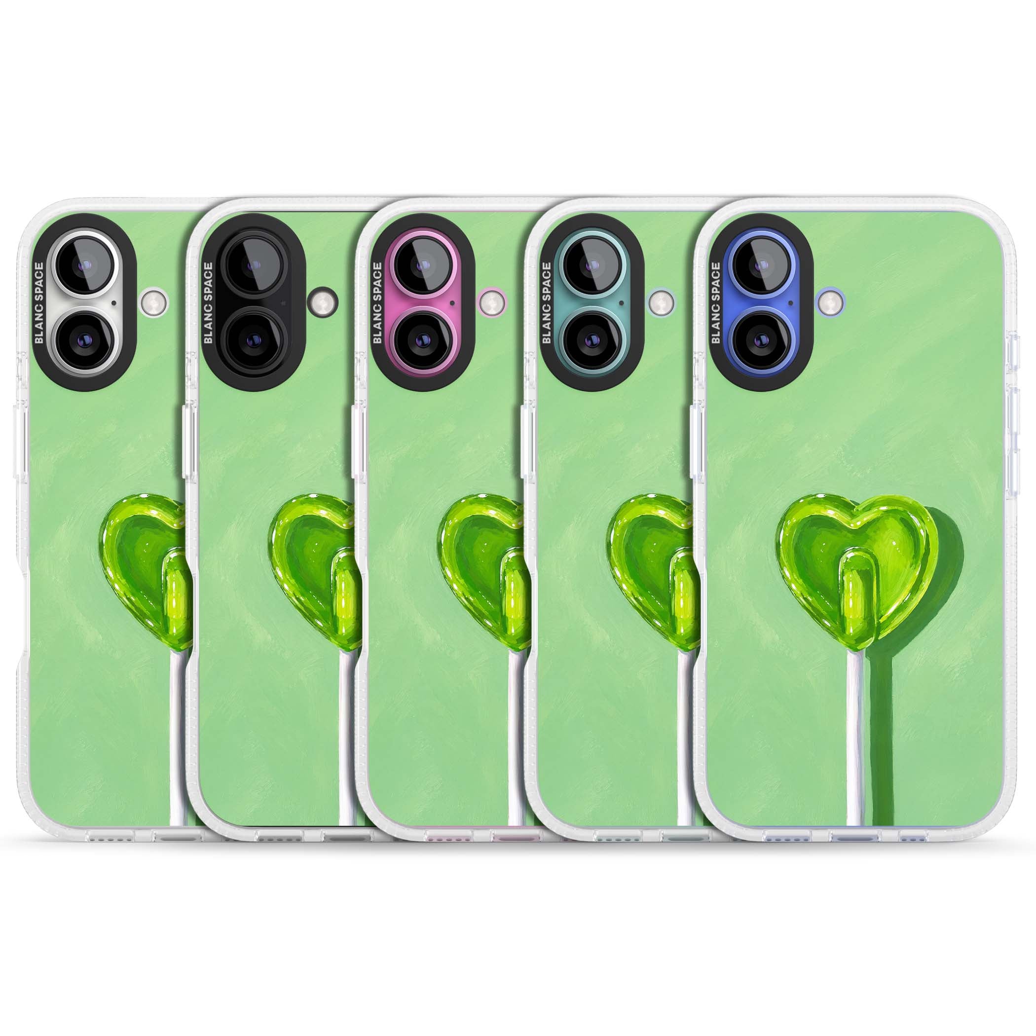 Green Lollipop candy art iPhone case featuring a glossy green heart-shaped lollipop on a painted pastel green background | Clear Case Impact Air case for iPhone 16, iPhone 16 Plus