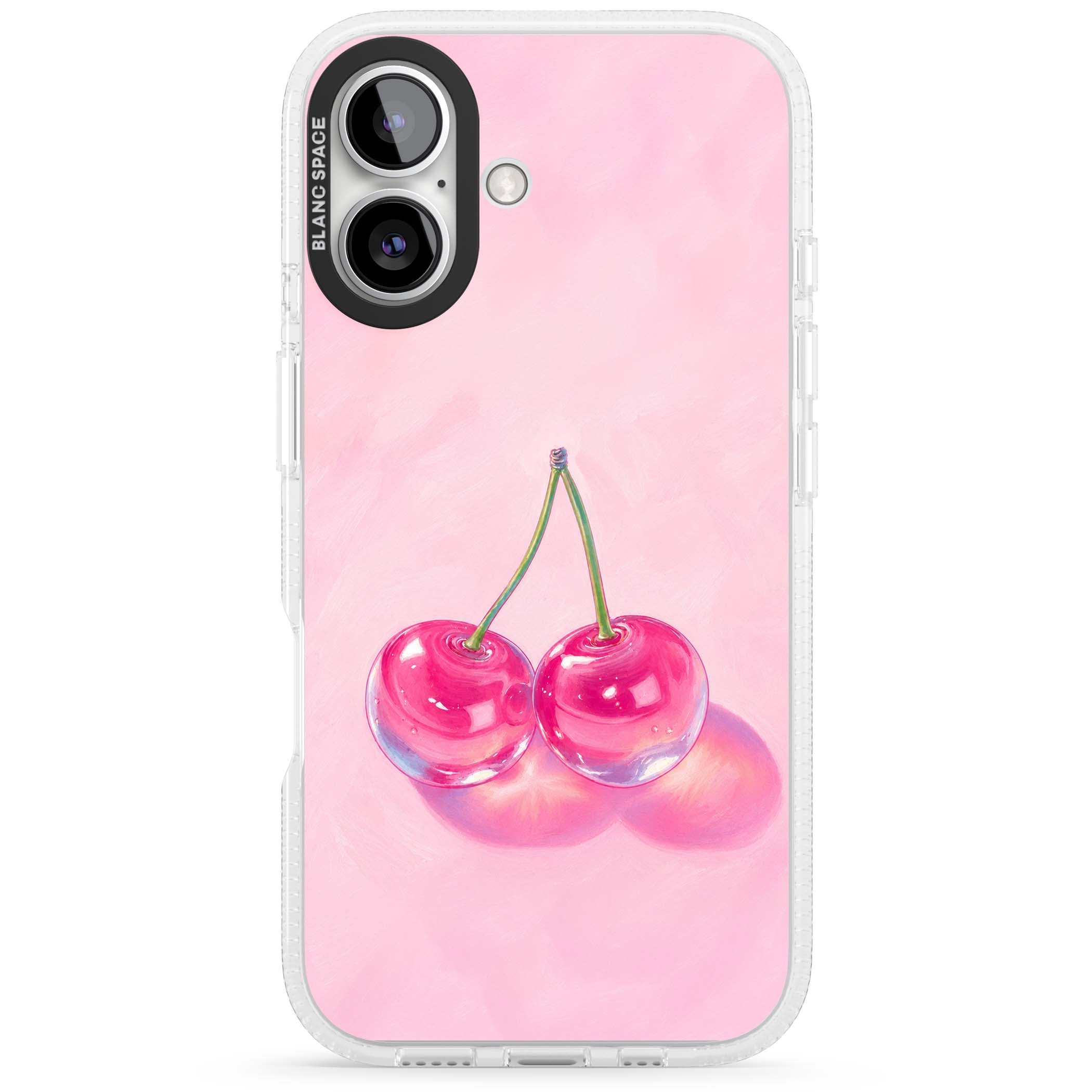 Pink Glass Cherry coquette iPhone case featuring two glossy painted cherries on a soft pink background | Clear Case Impact Air case for iPhone 16, iPhone 16 Plus