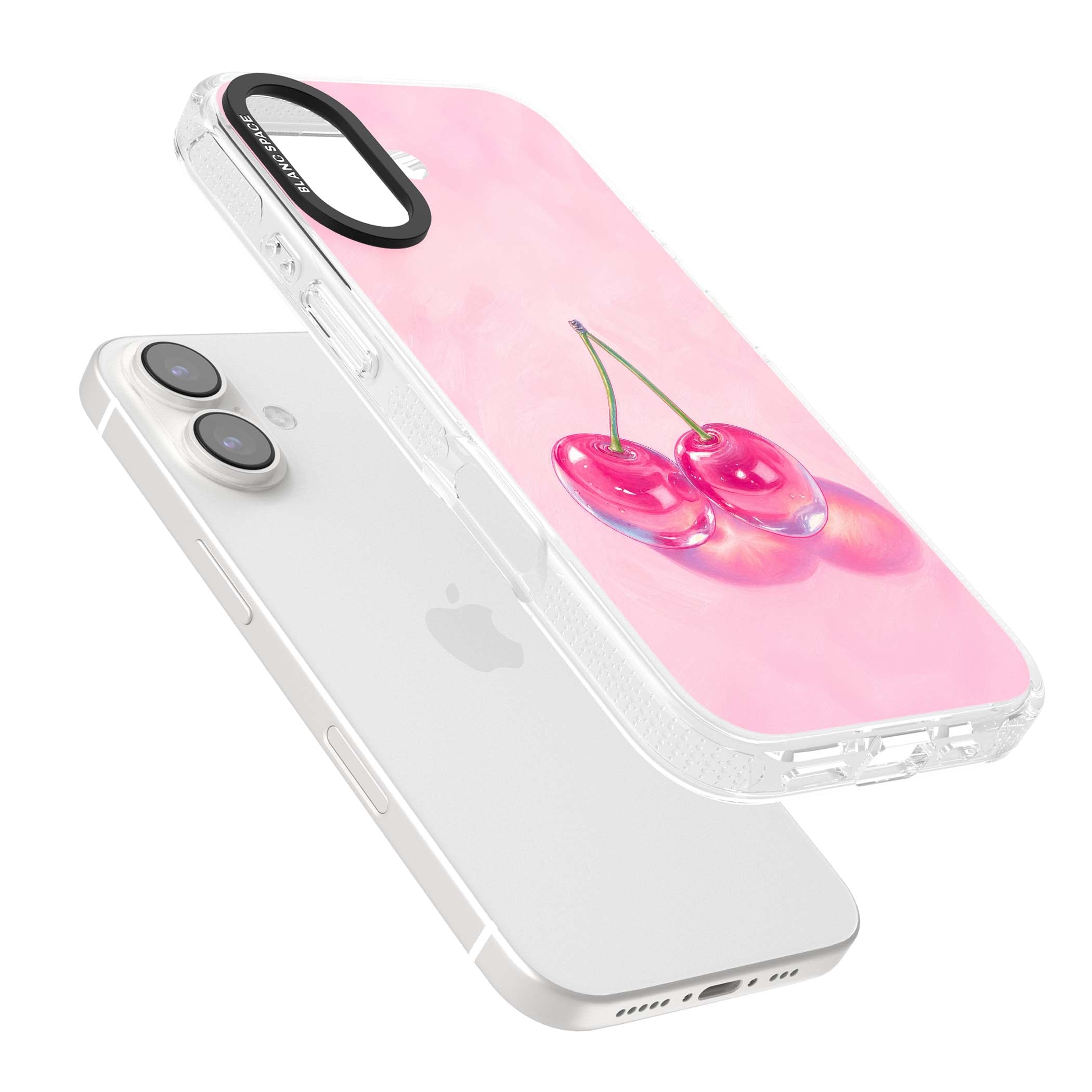 Pink Glass Cherry coquette iPhone case featuring two glossy painted cherries on a soft pink background | Clear Case Impact Air case for iPhone 16, iPhone 16 Plus