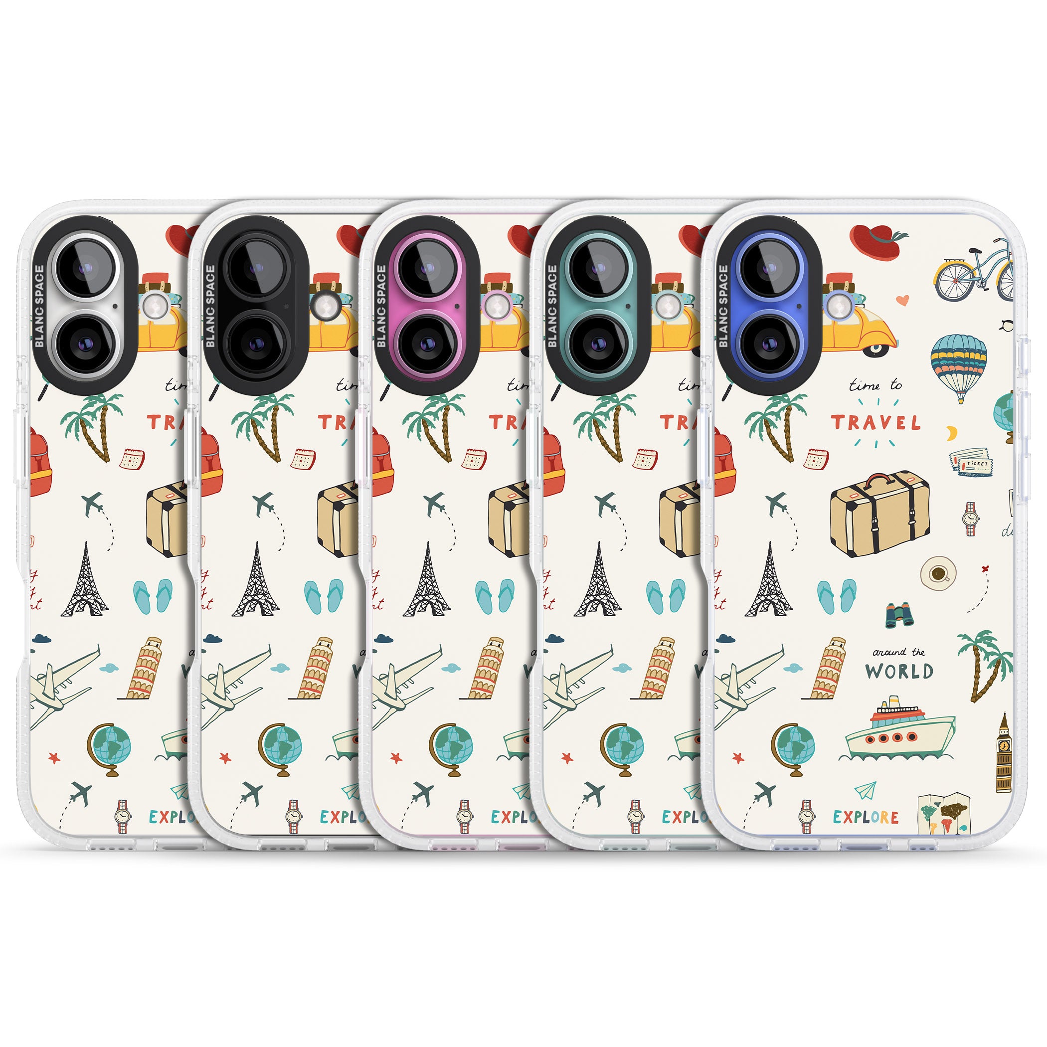 Cute Travel Pattern Cream iPhone 16 / 16 Plus Clear Case Impact Air - Blanc Space