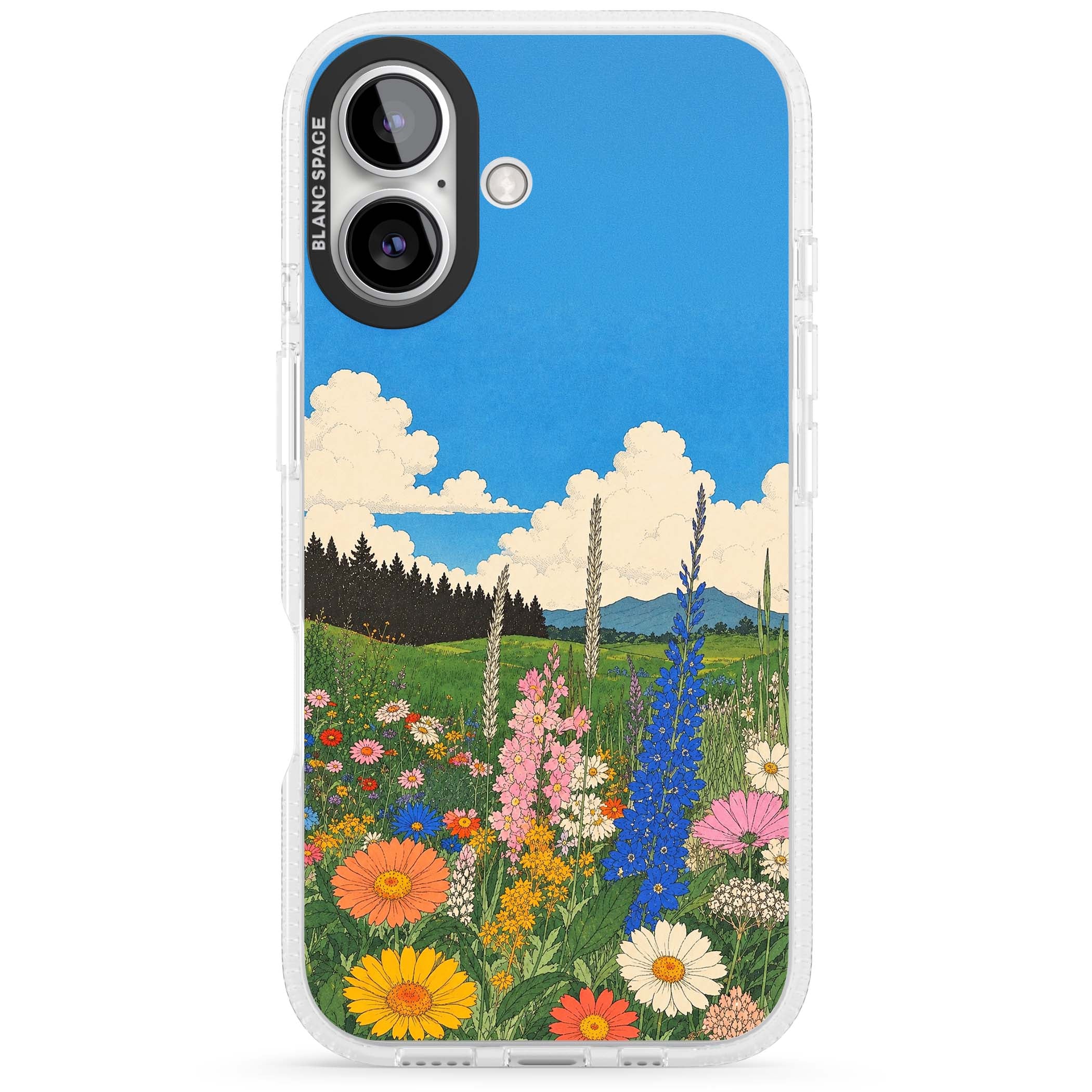 Wildbloom wildflower iPhone case featuring a vintage Japanese-style meadow landscape with daisies, delphiniums and moun | Clear Case Impact Air case for iPhone 16, iPhone 16 Plus