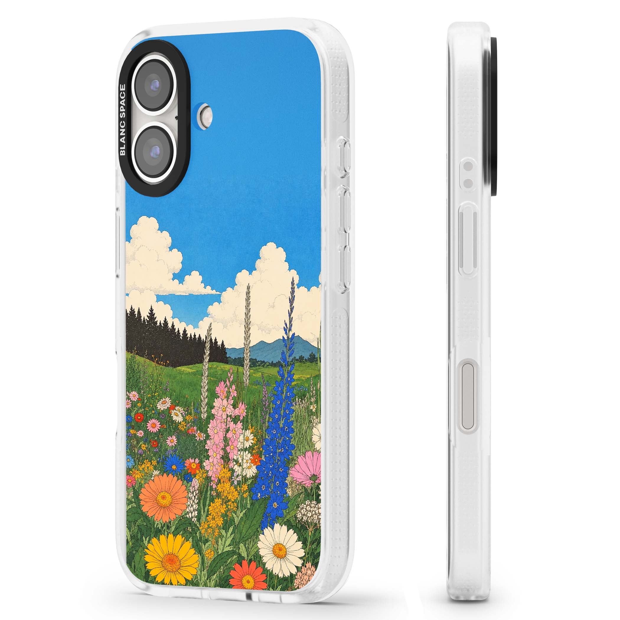 Wildbloom wildflower iPhone case featuring a vintage Japanese-style meadow landscape with daisies, delphiniums and moun | Clear Case Impact Air case for iPhone 16, iPhone 16 Plus
