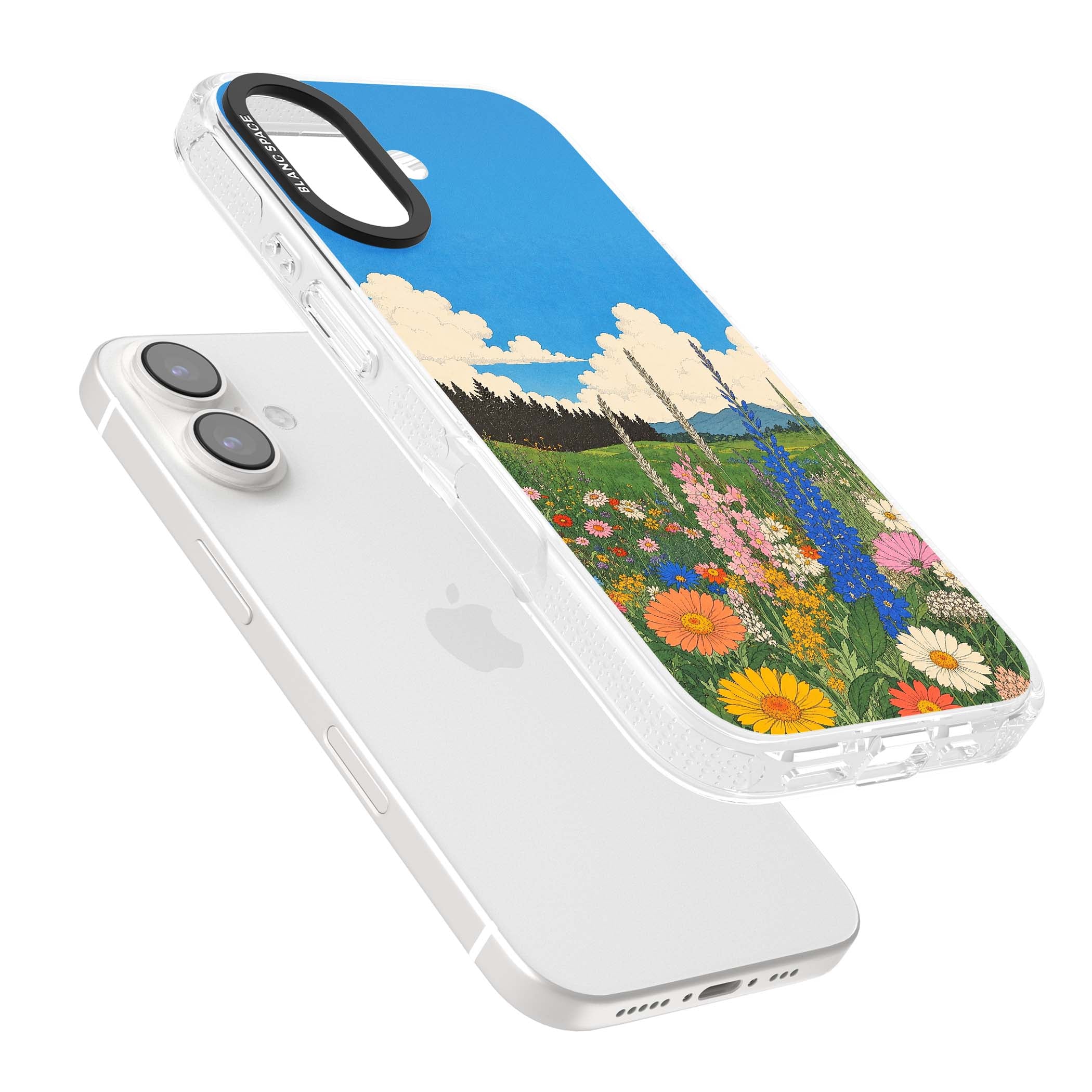 Wildbloom wildflower iPhone case featuring a vintage Japanese-style meadow landscape with daisies, delphiniums and moun | Clear Case Impact Air case for iPhone 16, iPhone 16 Plus