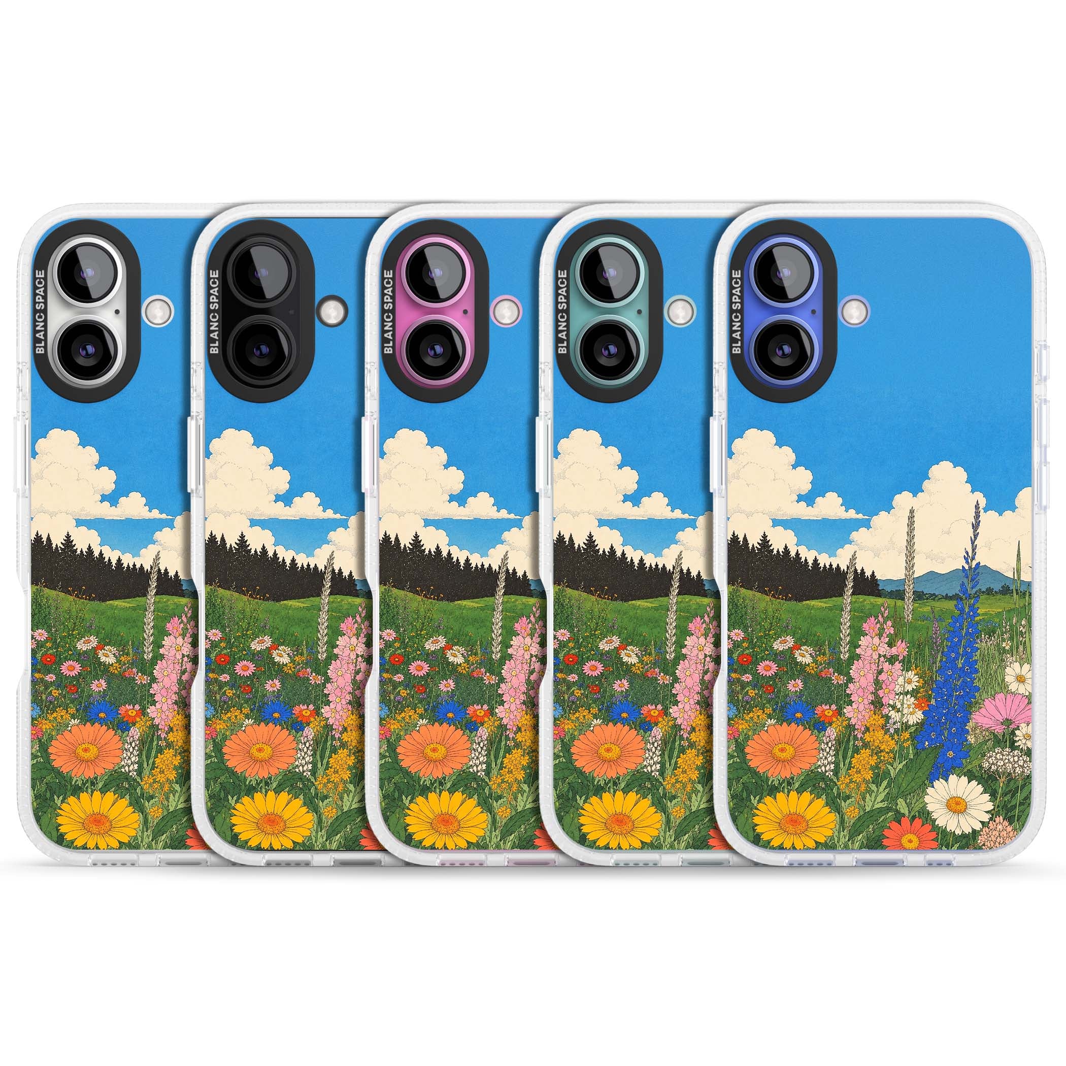 Wildbloom wildflower iPhone case featuring a vintage Japanese-style meadow landscape with daisies, delphiniums and moun | Clear Case Impact Air case for iPhone 16, iPhone 16 Plus