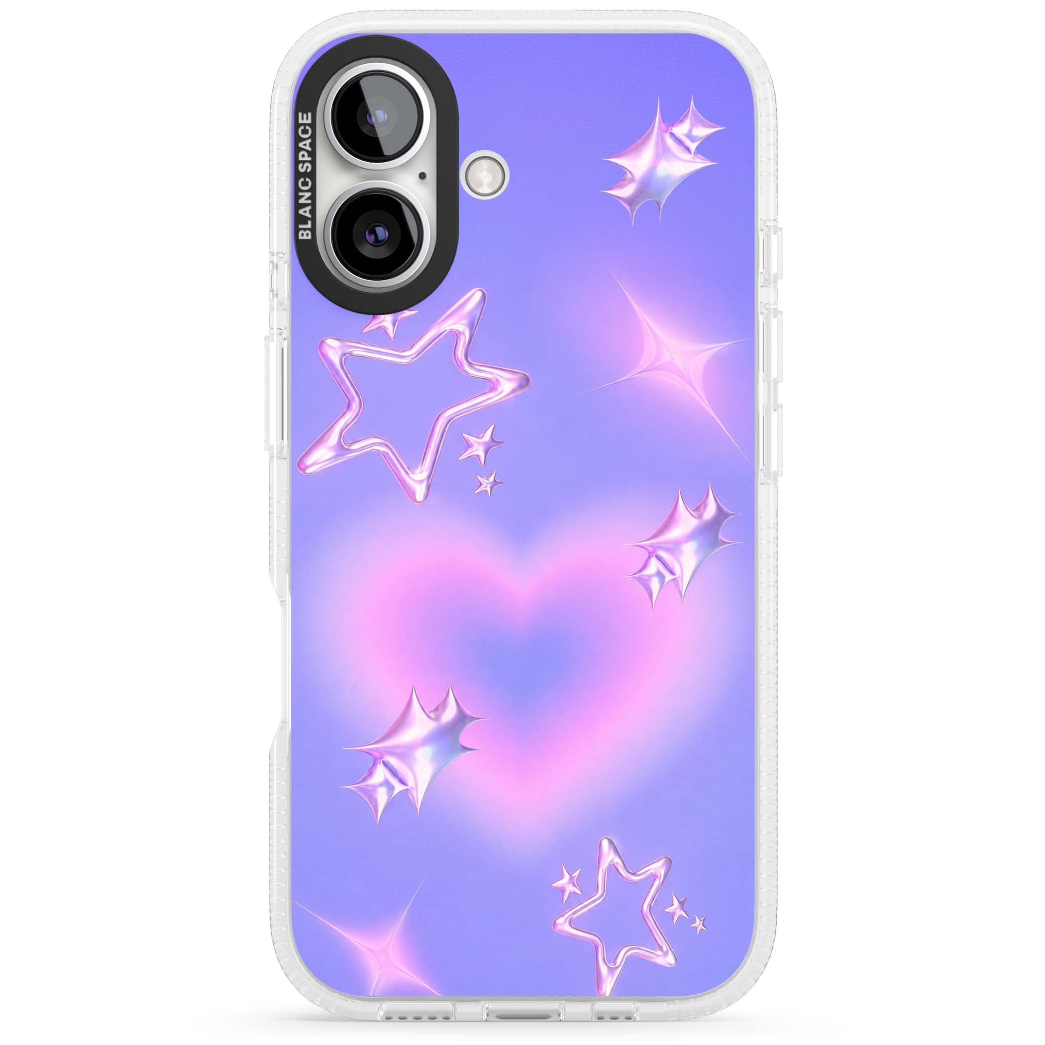 Soft Sugar Y2K iPhone case featuring iridescent chrome hearts, metallic pink stars and a lavender gradient sky | Clear Case Impact Air case for iPhone 16, iPhone 16 Plus