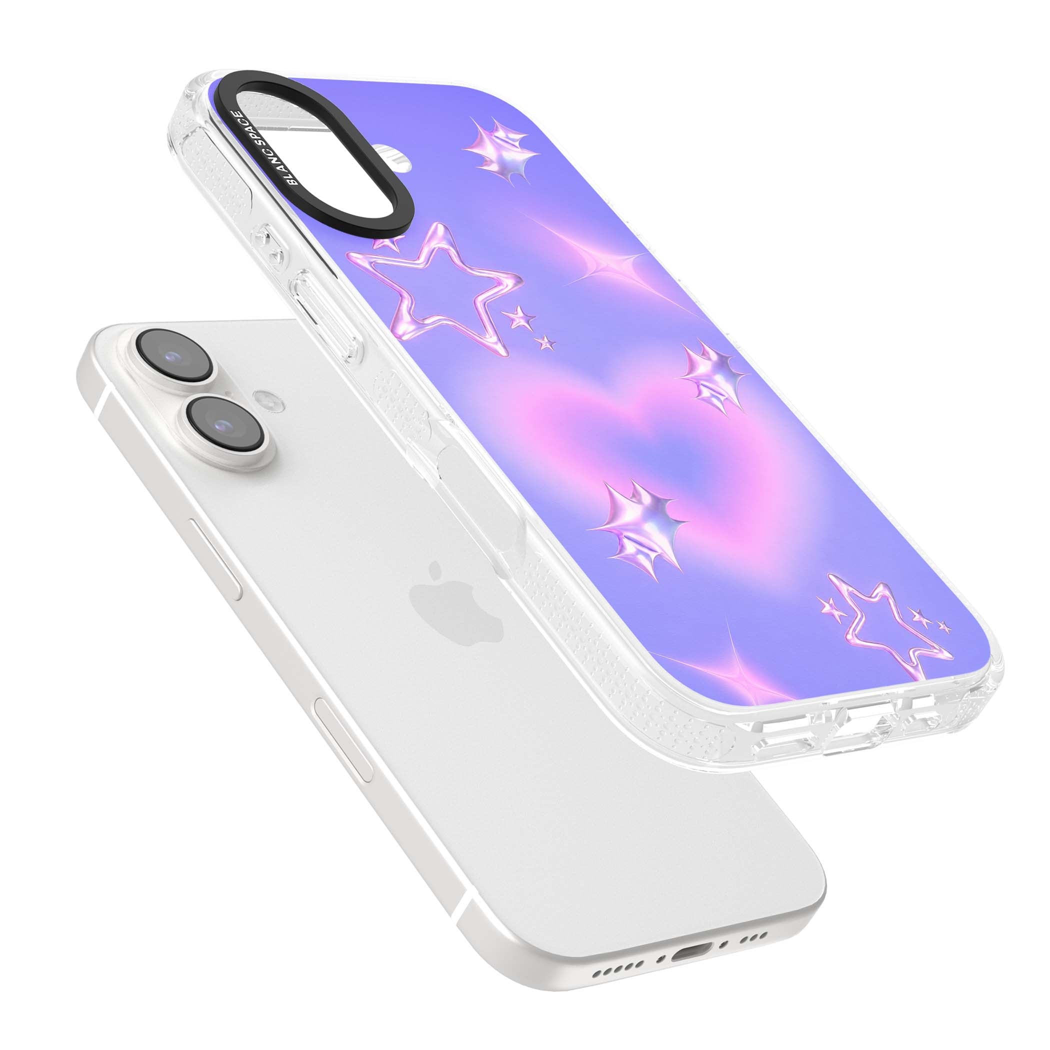 Soft Sugar Y2K iPhone case featuring iridescent chrome hearts, metallic pink stars and a lavender gradient sky | Clear Case Impact Air case for iPhone 16, iPhone 16 Plus