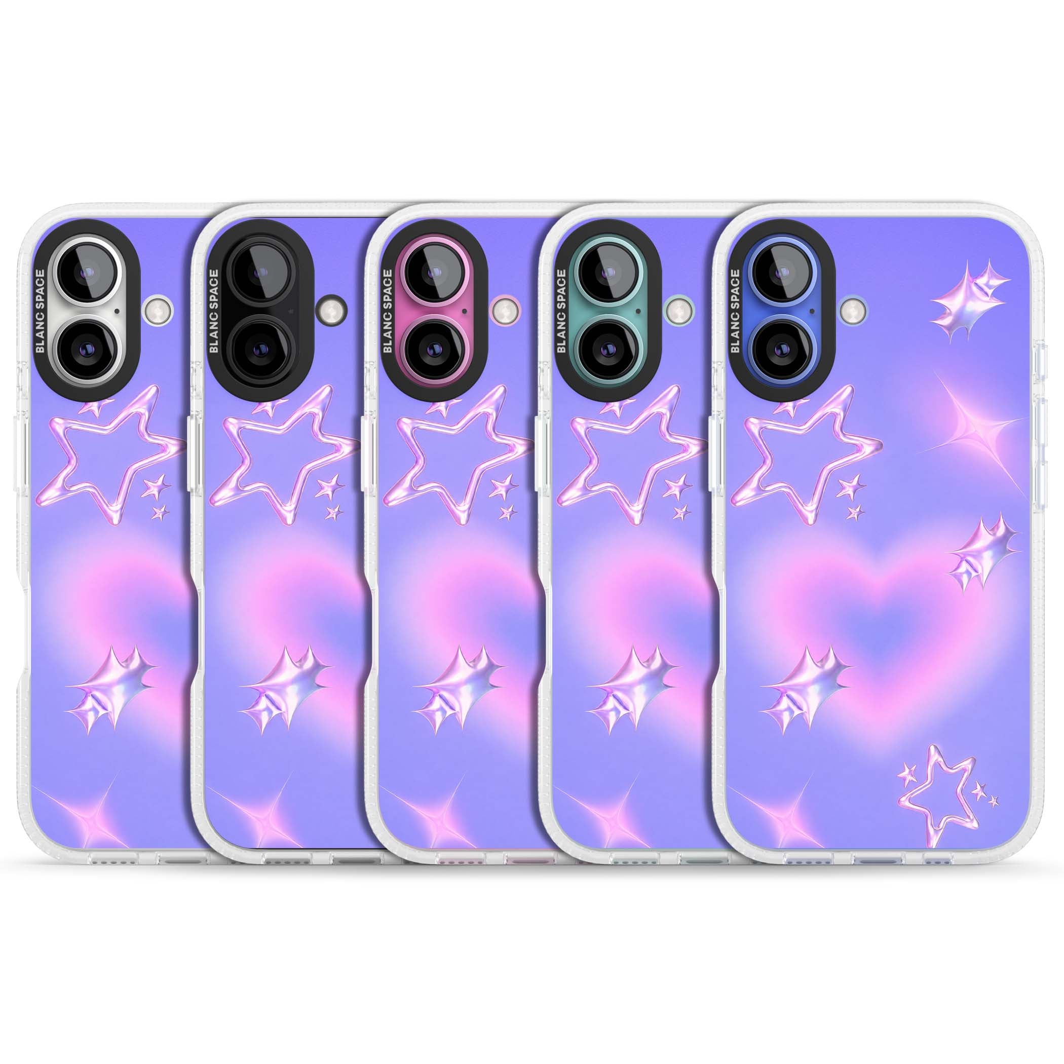 Soft Sugar Y2K iPhone case featuring iridescent chrome hearts, metallic pink stars and a lavender gradient sky | Clear Case Impact Air case for iPhone 16, iPhone 16 Plus