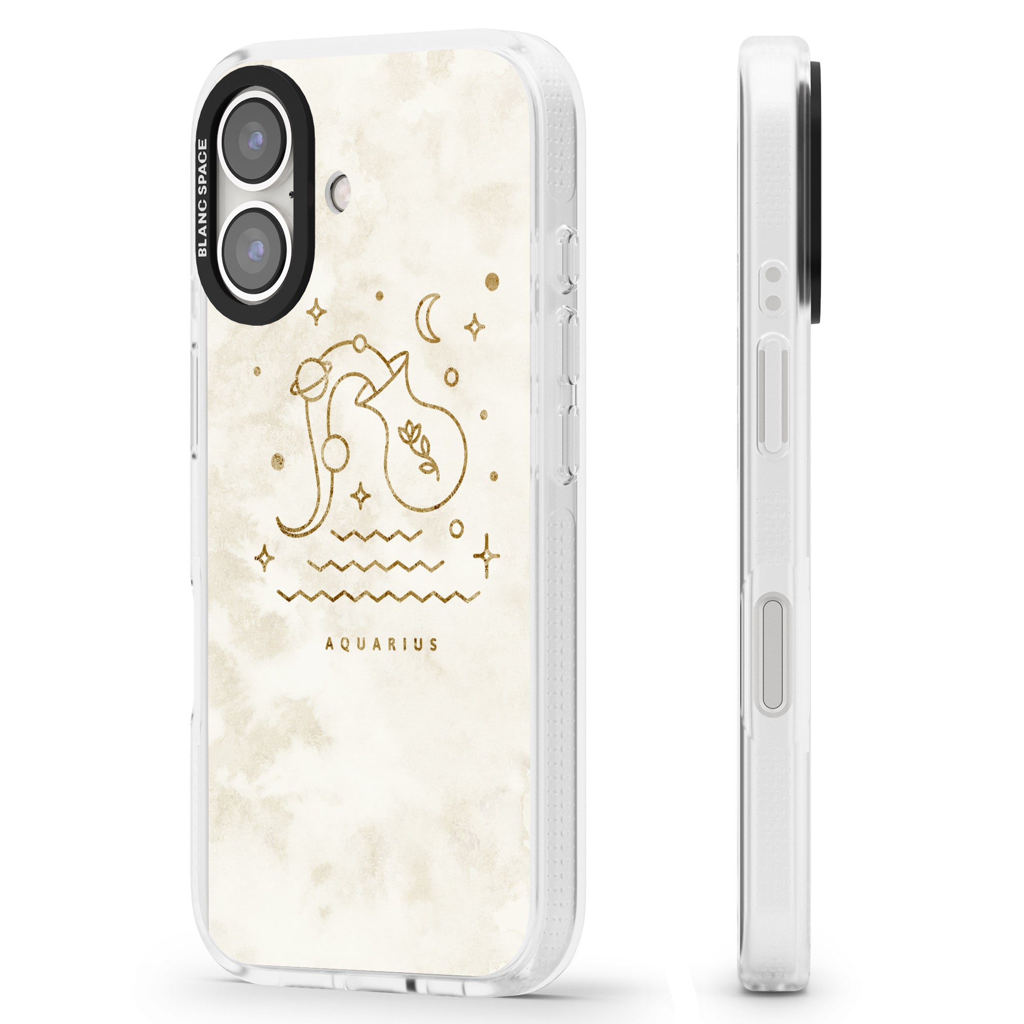 Aquarius Emblem - Solid Gold Marbled Design iPhone 16 / 16 Plus Clear Case Impact Air - Blanc Space