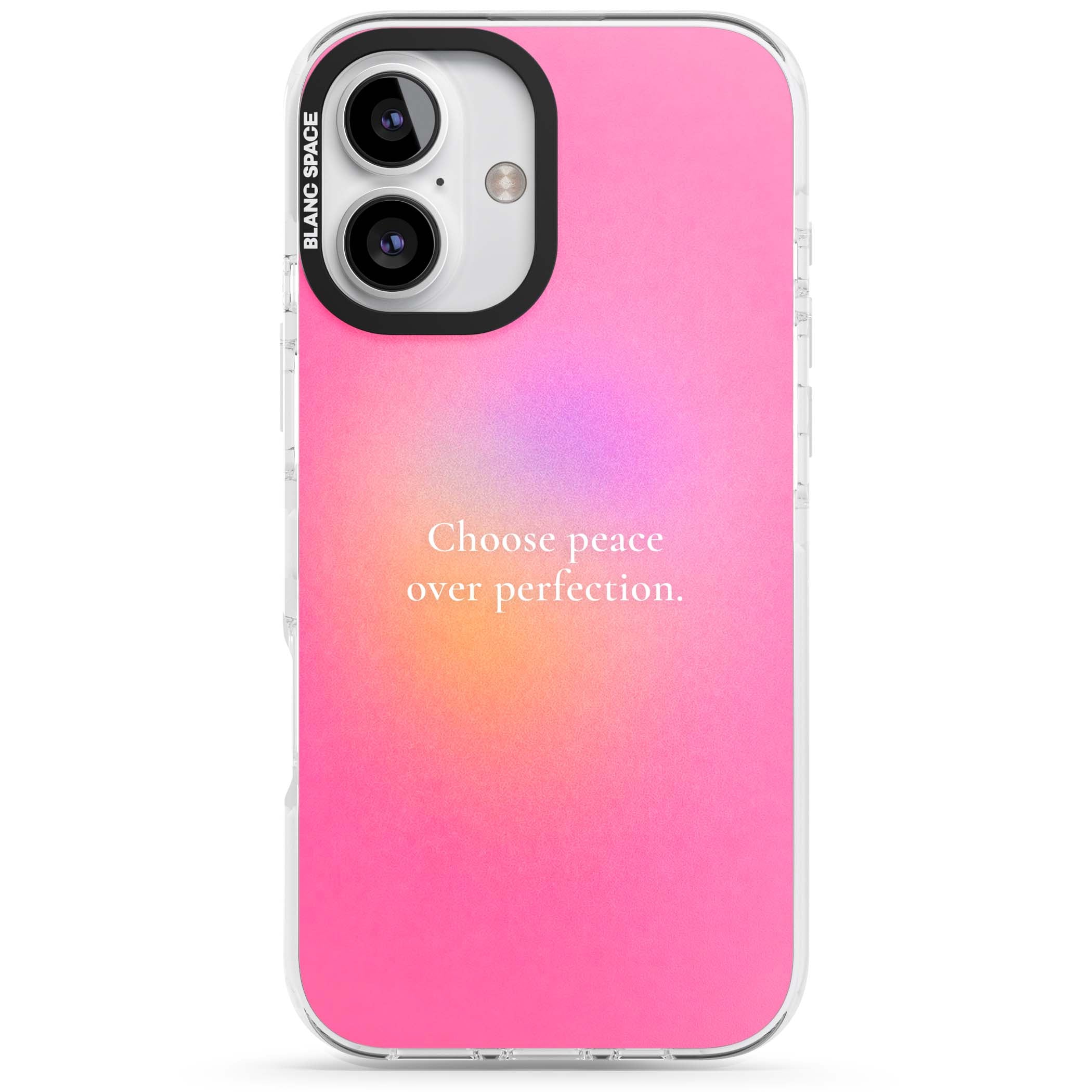 Peace Over Perfection quote iPhone case featuring a dreamy pink aura gradient and delicate white affirmation text | Clear Impact case for iPhone 16, iPhone 16 Plus