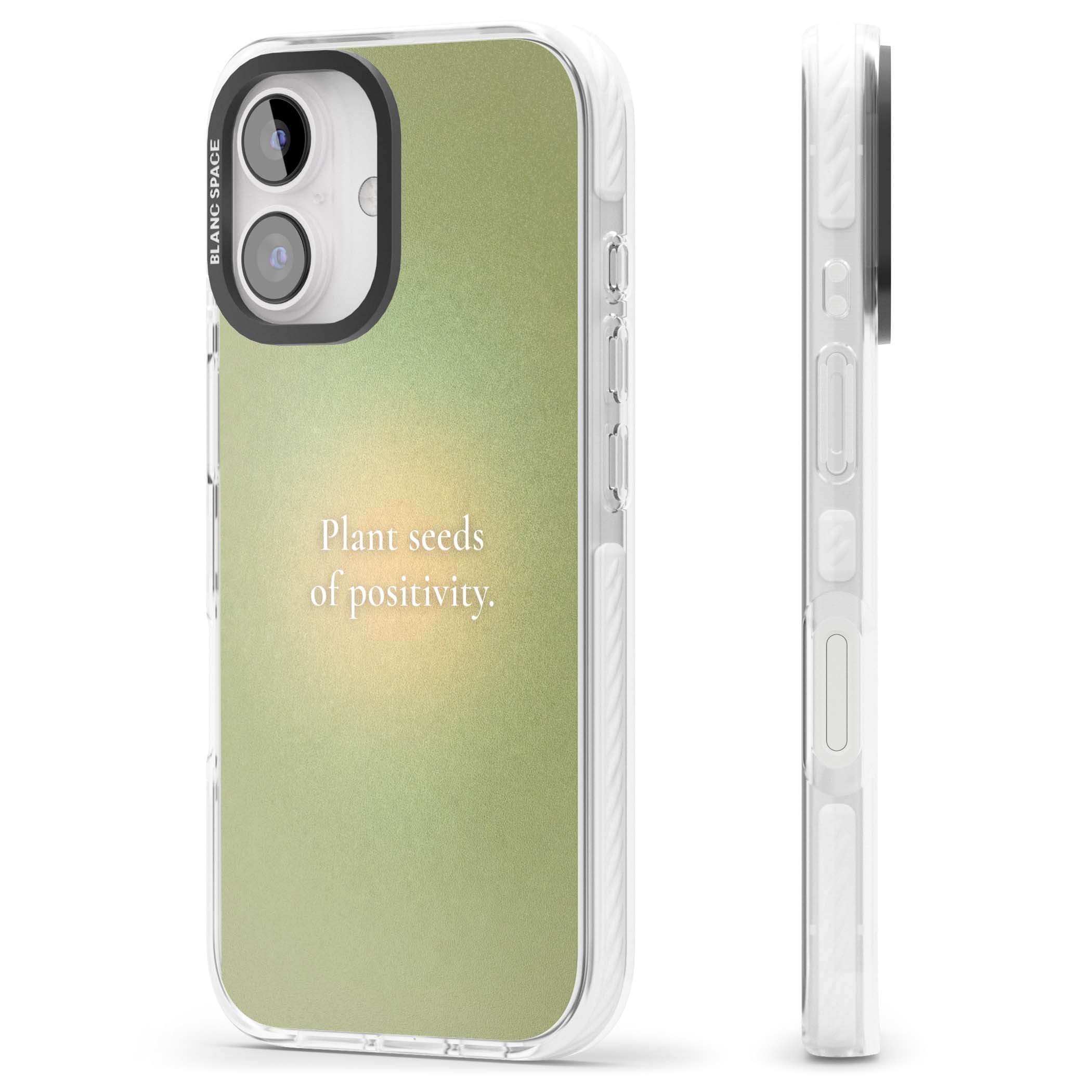 Seeds of Positivity quote iPhone case featuring a sage green aura gradient and golden glow affirmation | Clear Impact case for iPhone 16, iPhone 16 Plus