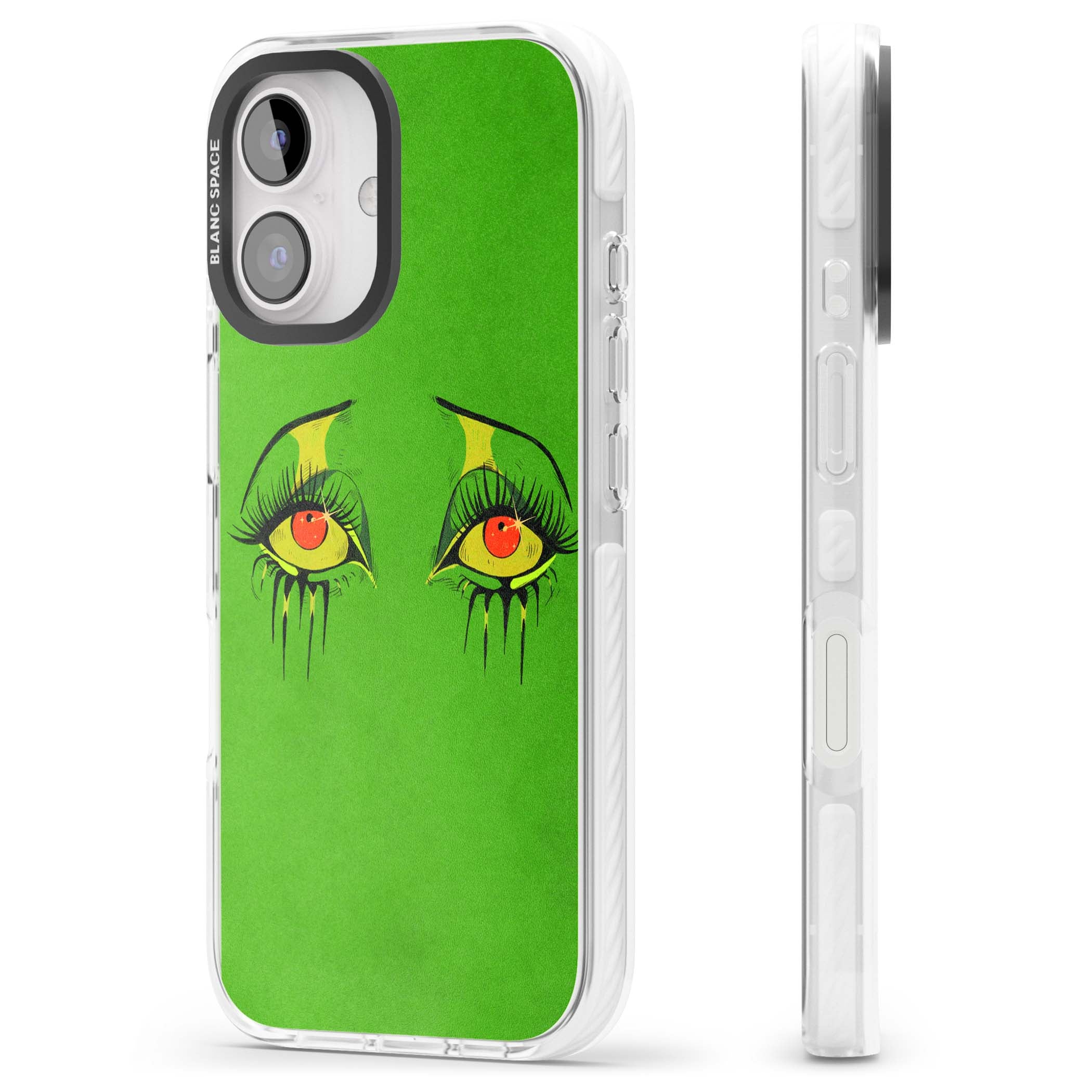 Green Enchanted Eyes psychedelic art iPhone case featuring hand-drawn dripping eyes on neon green background | Clear Impact case for iPhone 16, iPhone 16 Plus