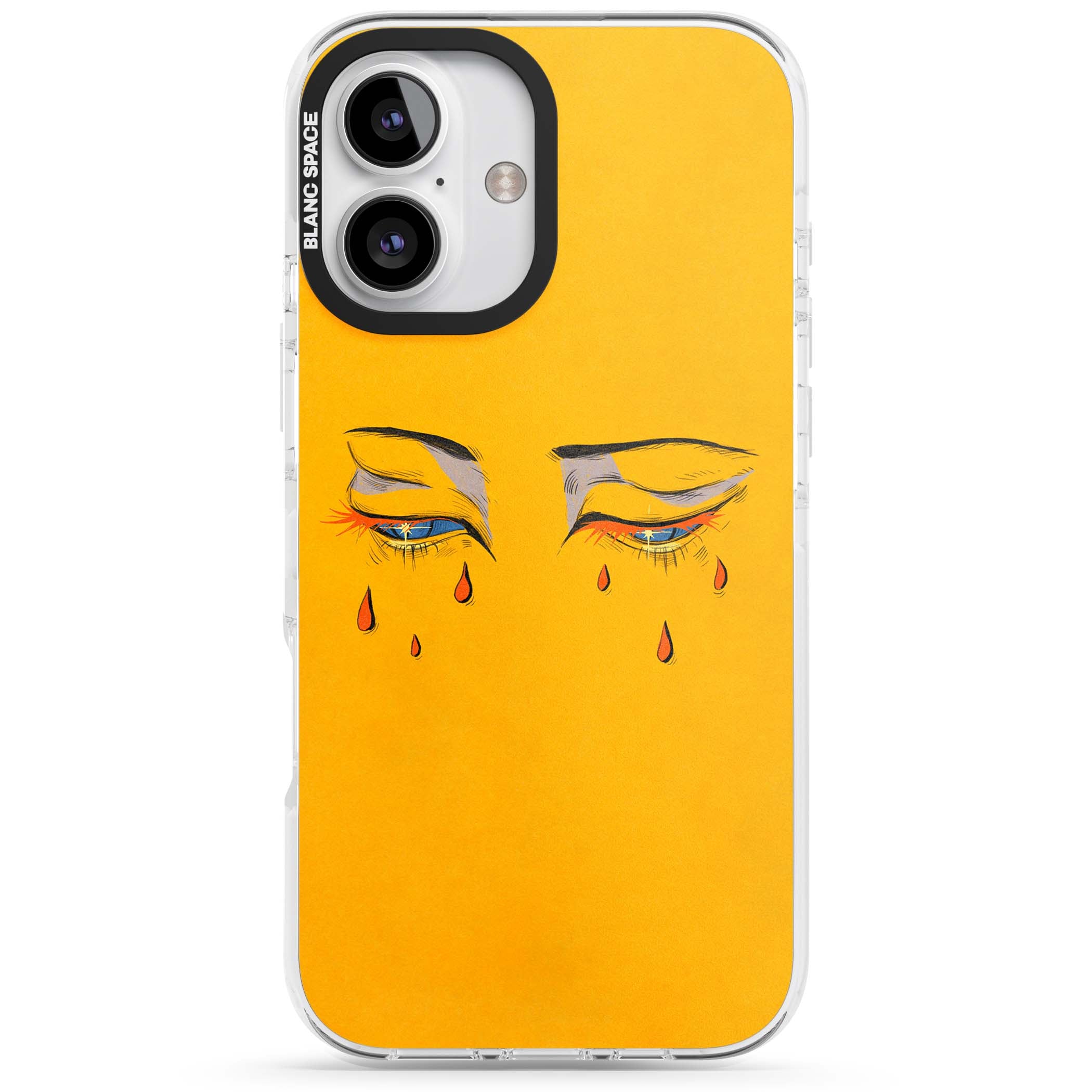Yellow Tearful Eyes indie iPhone case featuring hand-drawn crying eyes with orange tears on a yellow background | Clear Impact case for iPhone 16, iPhone 16 Plus