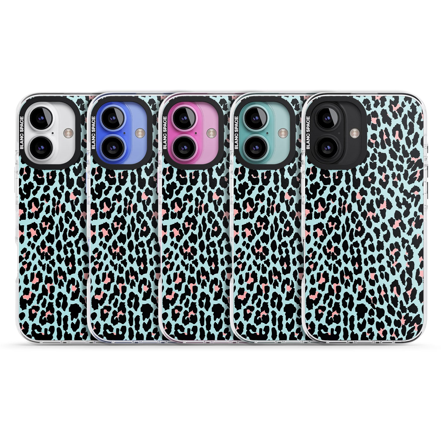 iPhone 16 Pro Max Light Pink on Blue Leopard Print Pattern Black Impact Phone Case