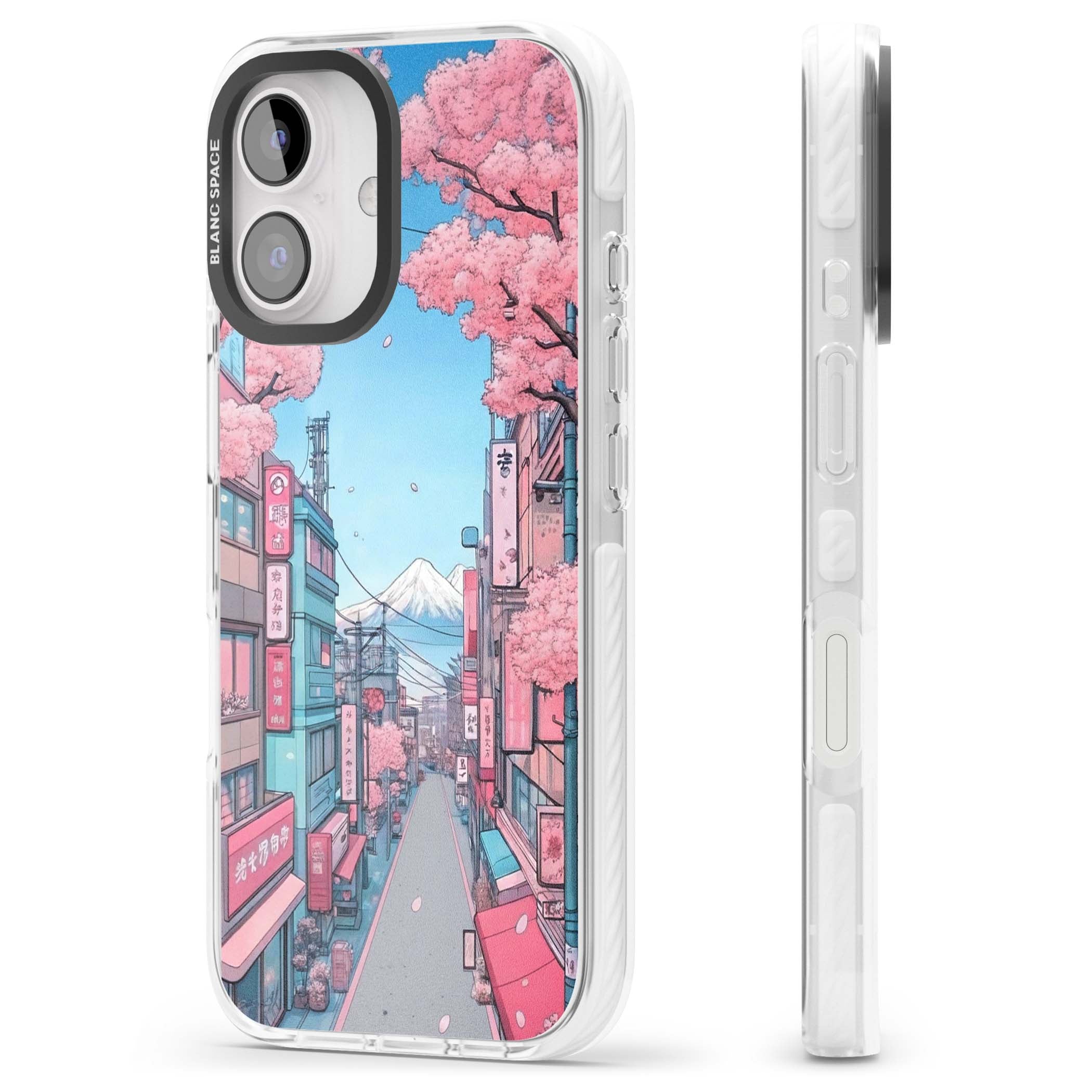 Sakura Lane anime iPhone case featuring Tokyo street scene with cherry blossoms and Mount Fuji | Clear Impact case for iPhone 16, iPhone 16 Plus