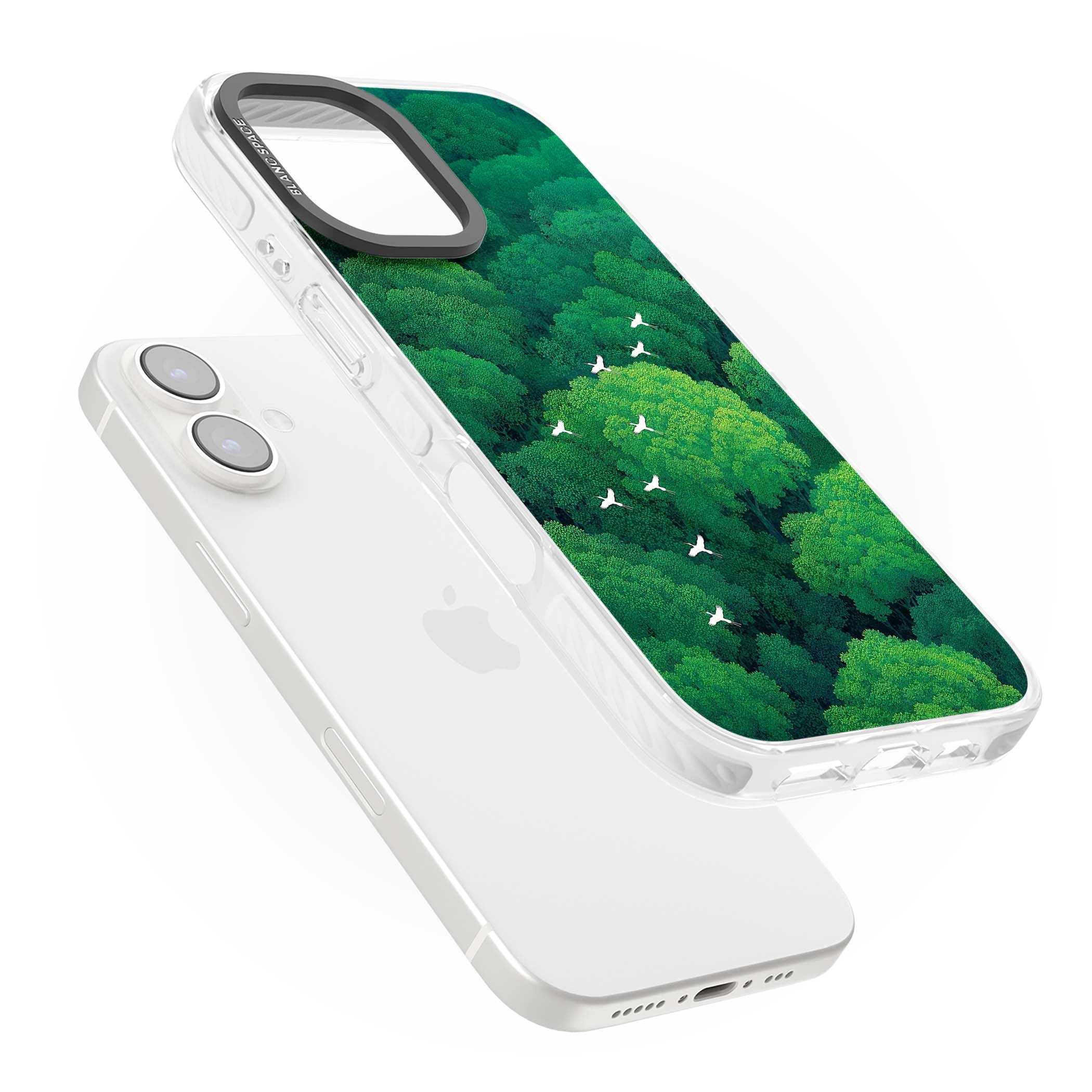 Grove Migration forest iPhone case featuring white cranes flying over lush green treetop canopy | Clear Impact case for iPhone 16, iPhone 16 Plus