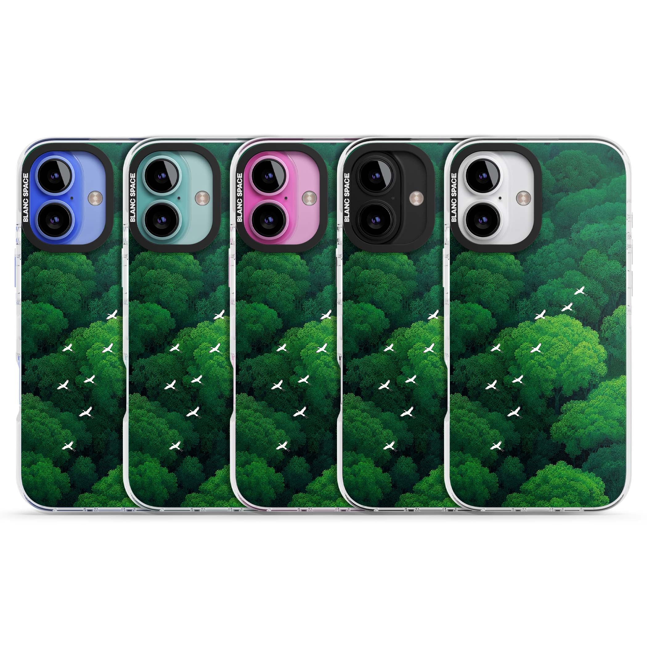 Grove Migration forest iPhone case featuring white cranes flying over lush green treetop canopy | Clear Impact case for iPhone 16, iPhone 16 Plus