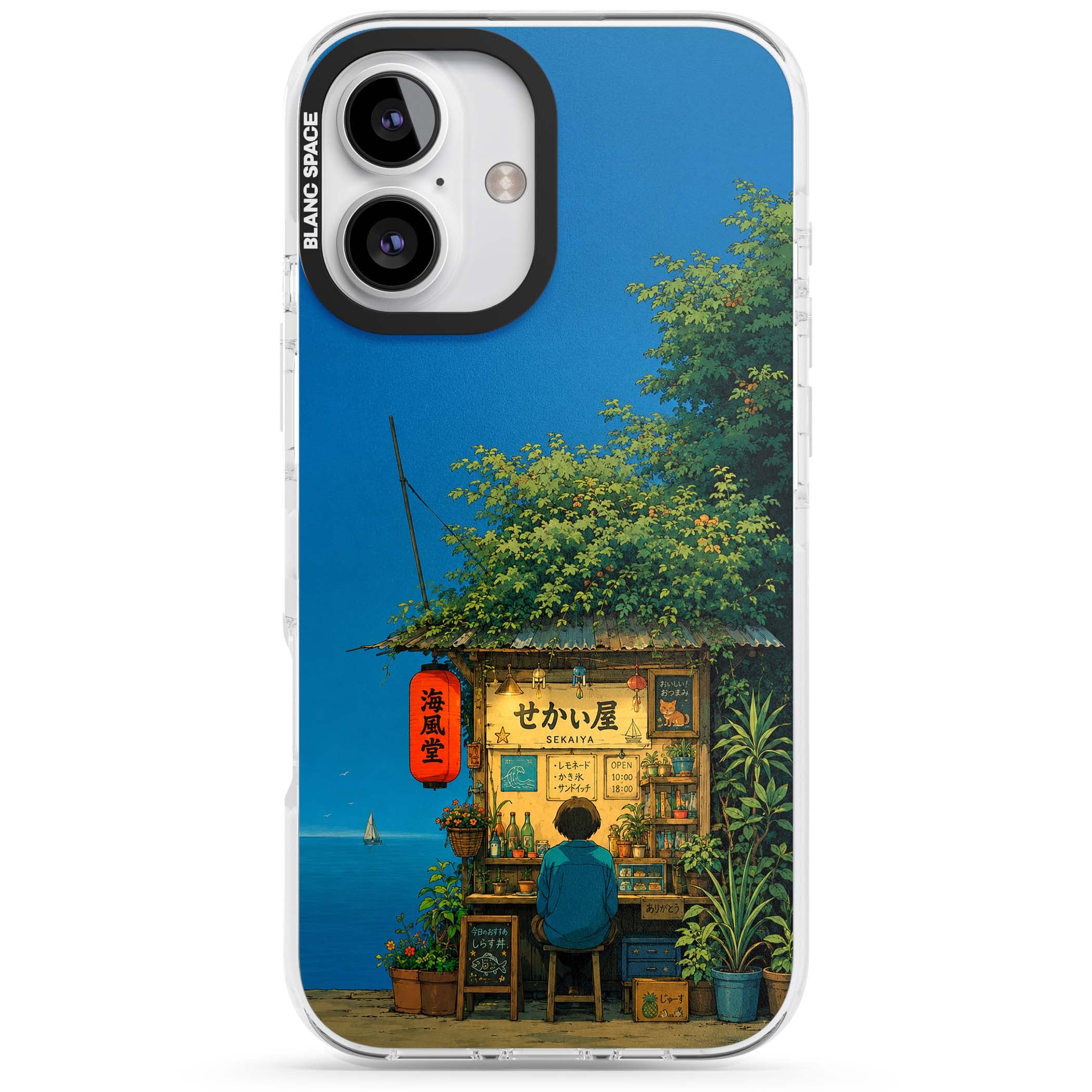 The Shirahama Kiosk anime iPhone case featuring a Japanese seaside shop, red paper lantern and ocean view | Clear Impact case for iPhone 16, iPhone 16 Plus