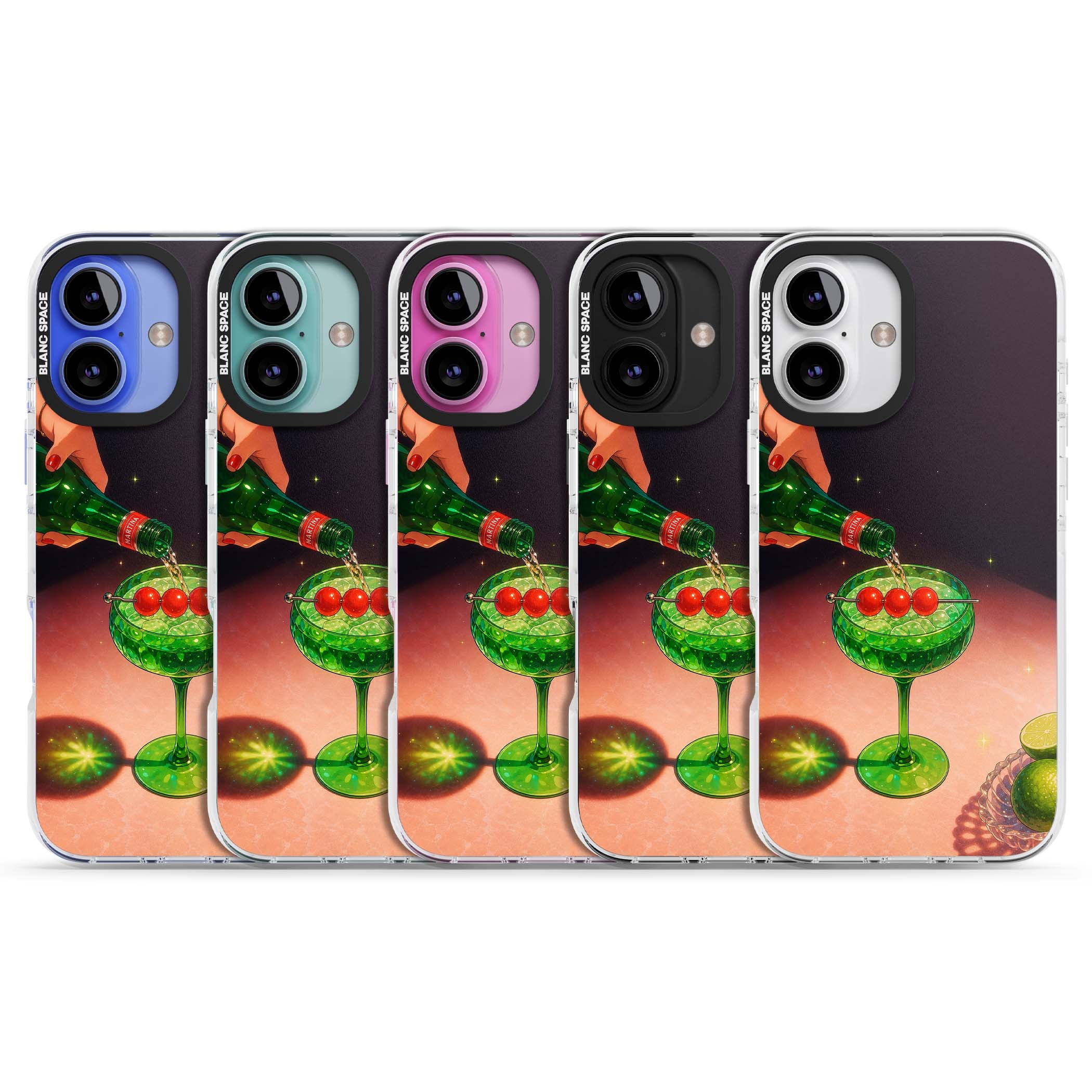 Absinthe Hour cocktail iPhone case featuring a green coupe glass, cherry garnish and vintage bottle pour illustration | Clear Impact case for iPhone 16, iPhone 16 Plus