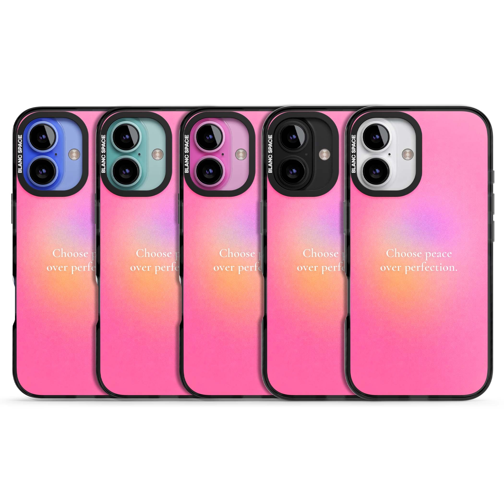 Peace Over Perfection quote iPhone case featuring a dreamy pink aura gradient and delicate white affirmation text | Black Impact case for iPhone 16, iPhone 16 Plus