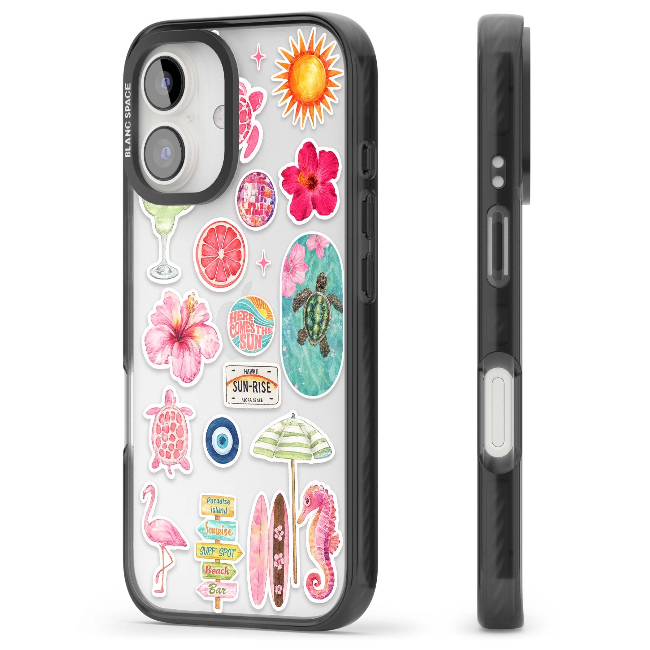 Aloha Sticker Mix tropical summer iPhone case featuring pink hibiscus, sea turtles, flamingo and beach umbrella stickers | Black Impact case for iPhone 16, iPhone 16 Plus