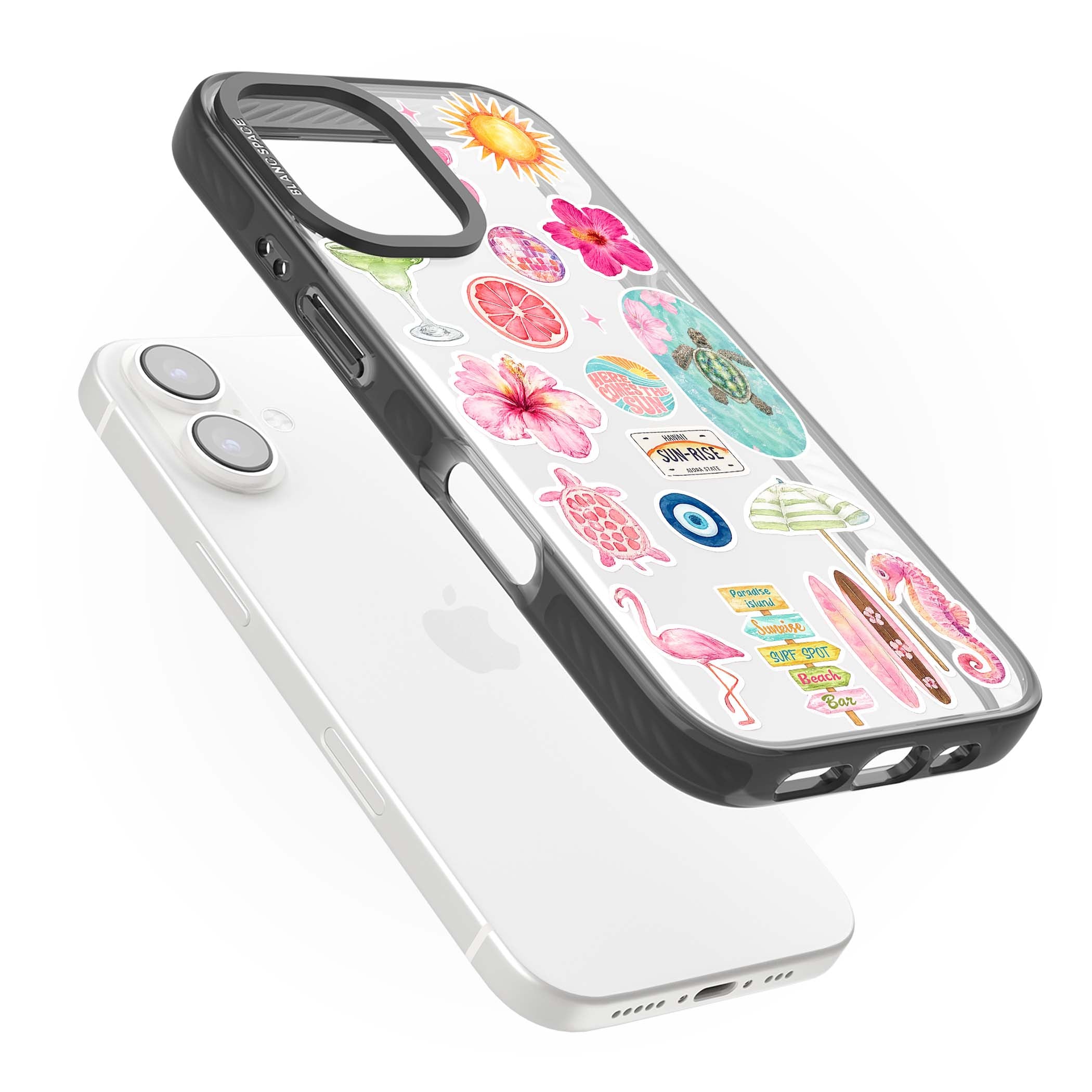 Aloha Sticker Mix tropical summer iPhone case featuring pink hibiscus, sea turtles, flamingo and beach umbrella stickers | Black Impact case for iPhone 16, iPhone 16 Plus