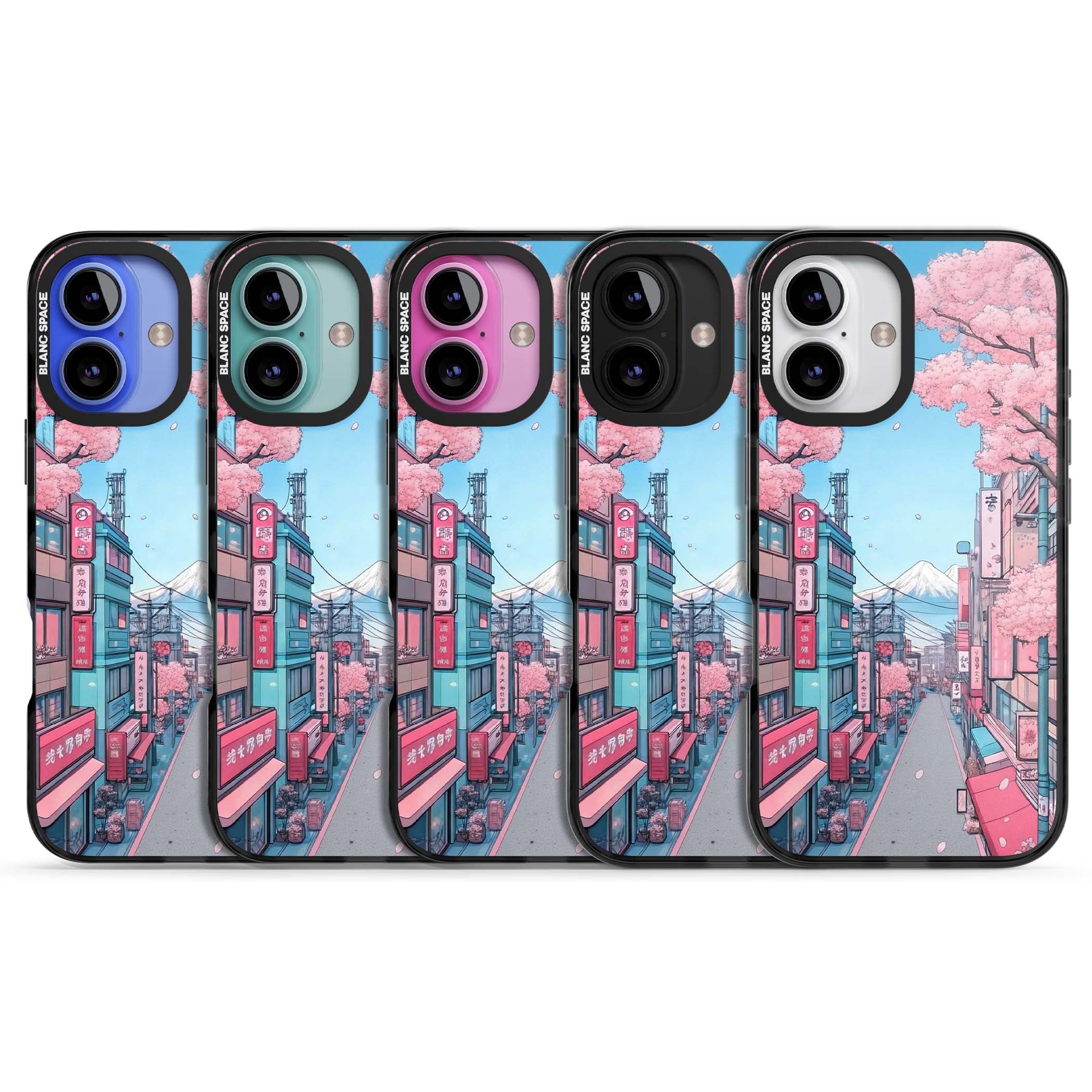 Sakura Lane anime iPhone case featuring Tokyo street scene with cherry blossoms and Mount Fuji | Black Impact case for iPhone 16, iPhone 16 Plus