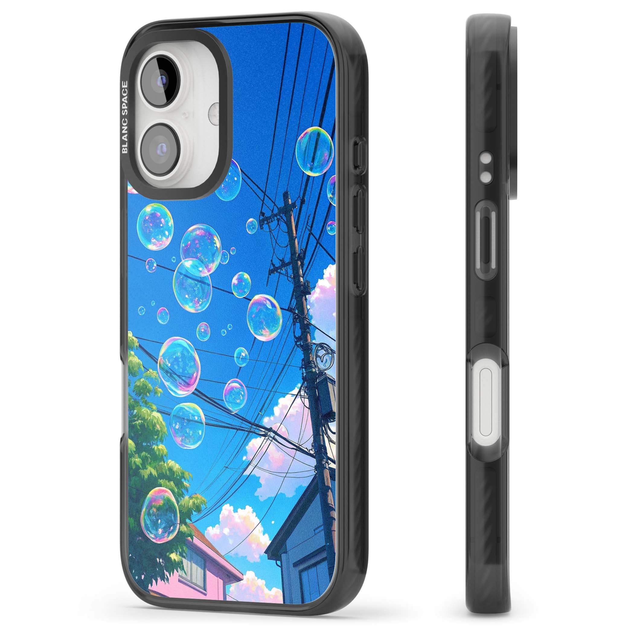 Suburban Bubbles anime iPhone case featuring iridescent soap bubbles, blue sky and Japanese telephone wires | Black Impact case for iPhone 16, iPhone 16 Plus
