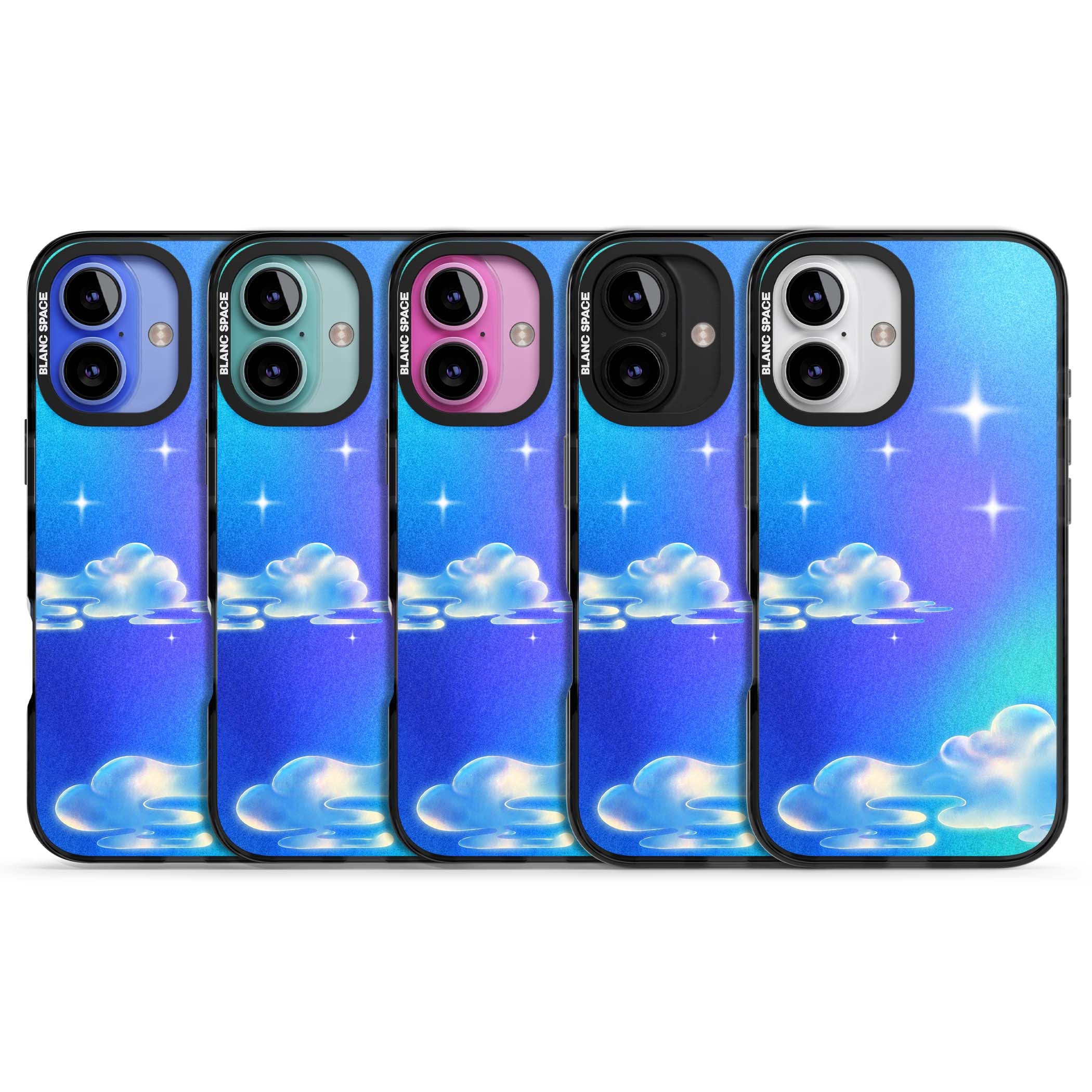 Aurora celestial iPhone case featuring dreamy iridescent clouds, sparkling stars and pastel blue purple sky | Black Impact case for iPhone 16, iPhone 16 Plus