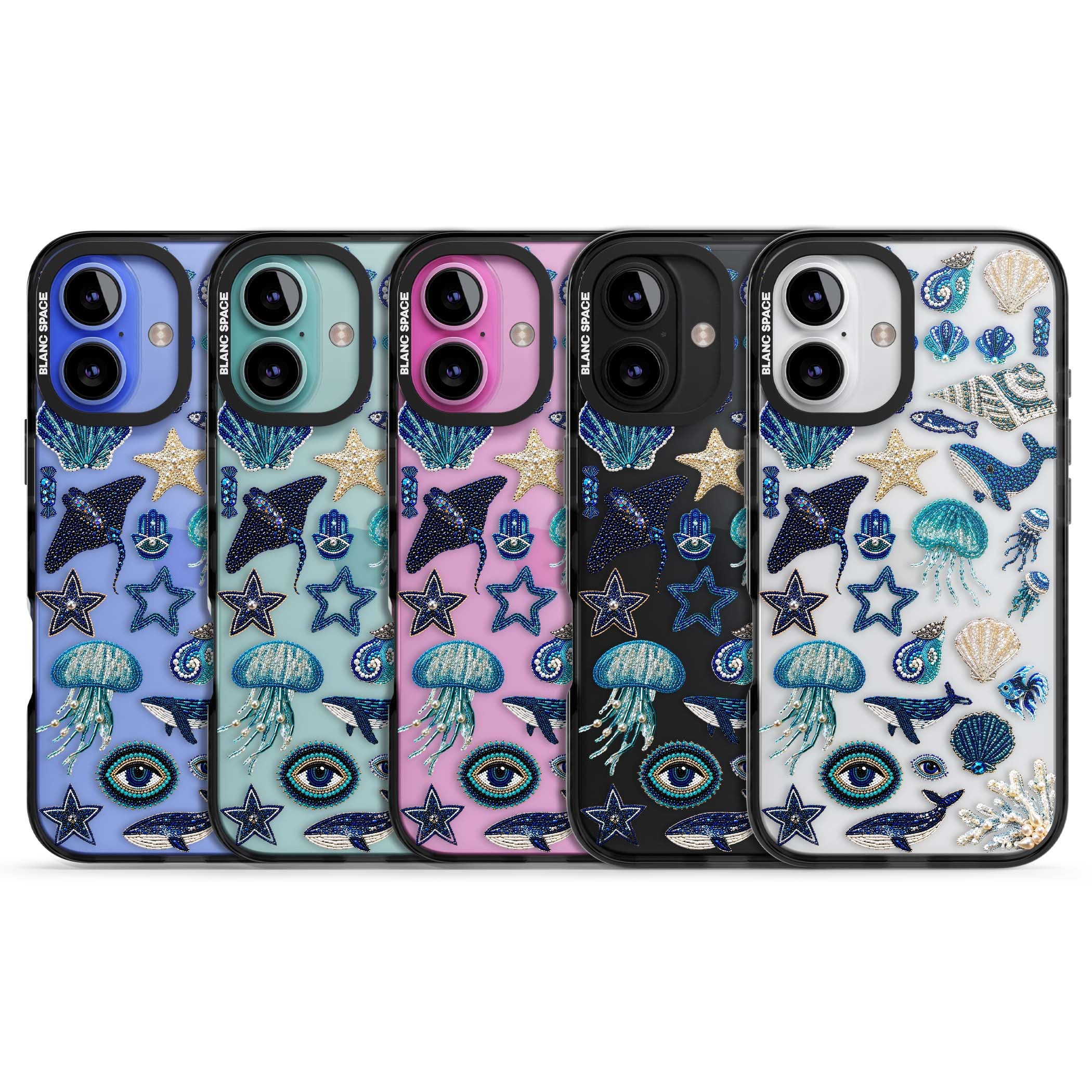 Beaded Coastal coastal iPhone case featuring embroidered seashells, jellyfish and a blue whale on clear | Black Impact case for iPhone 16, iPhone 16 Plus