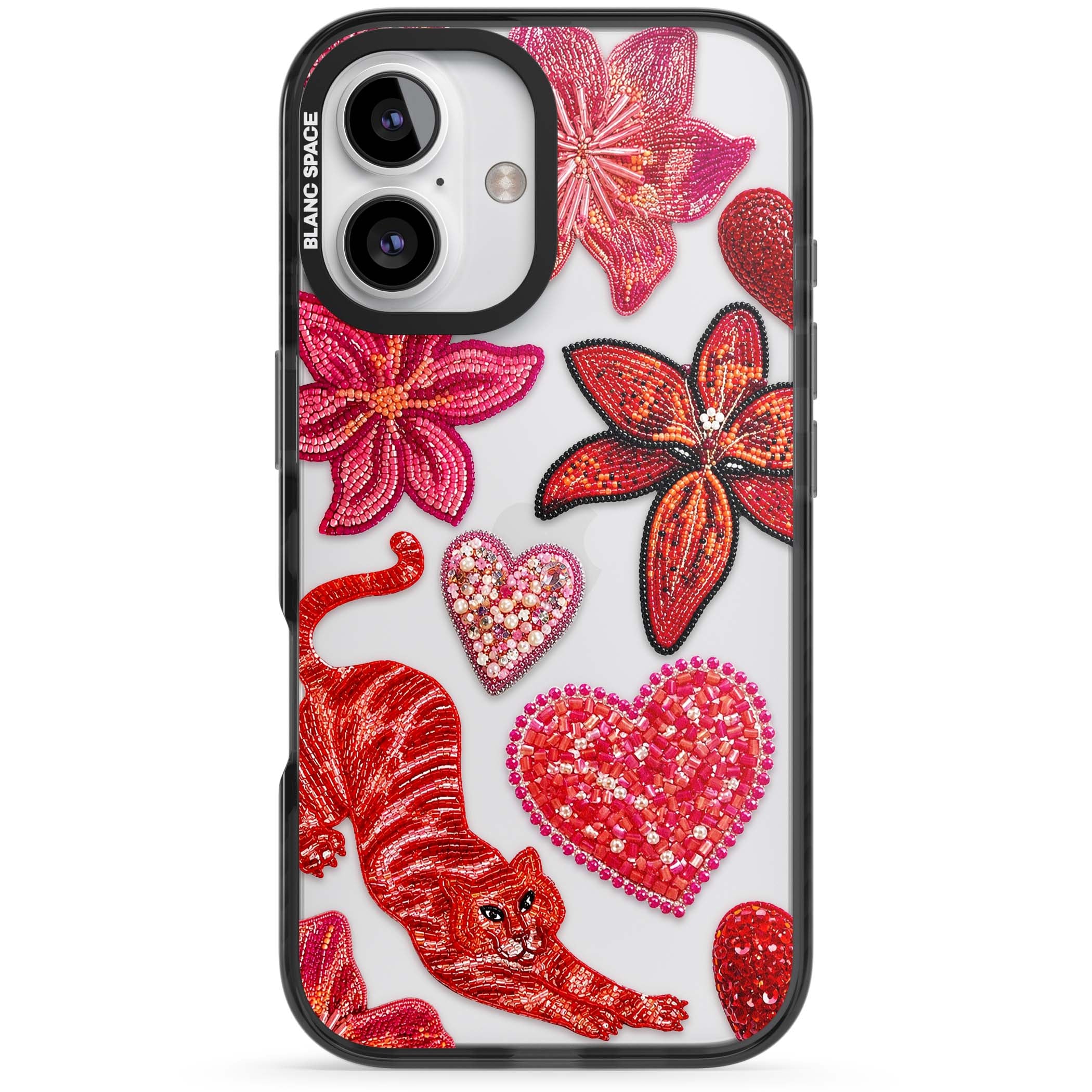 Beaded Boho floral iPhone case featuring beaded red lilies, a stitched tiger, and pearl-encrusted hearts on clear | Black Impact case for iPhone 16, iPhone 16 Plus