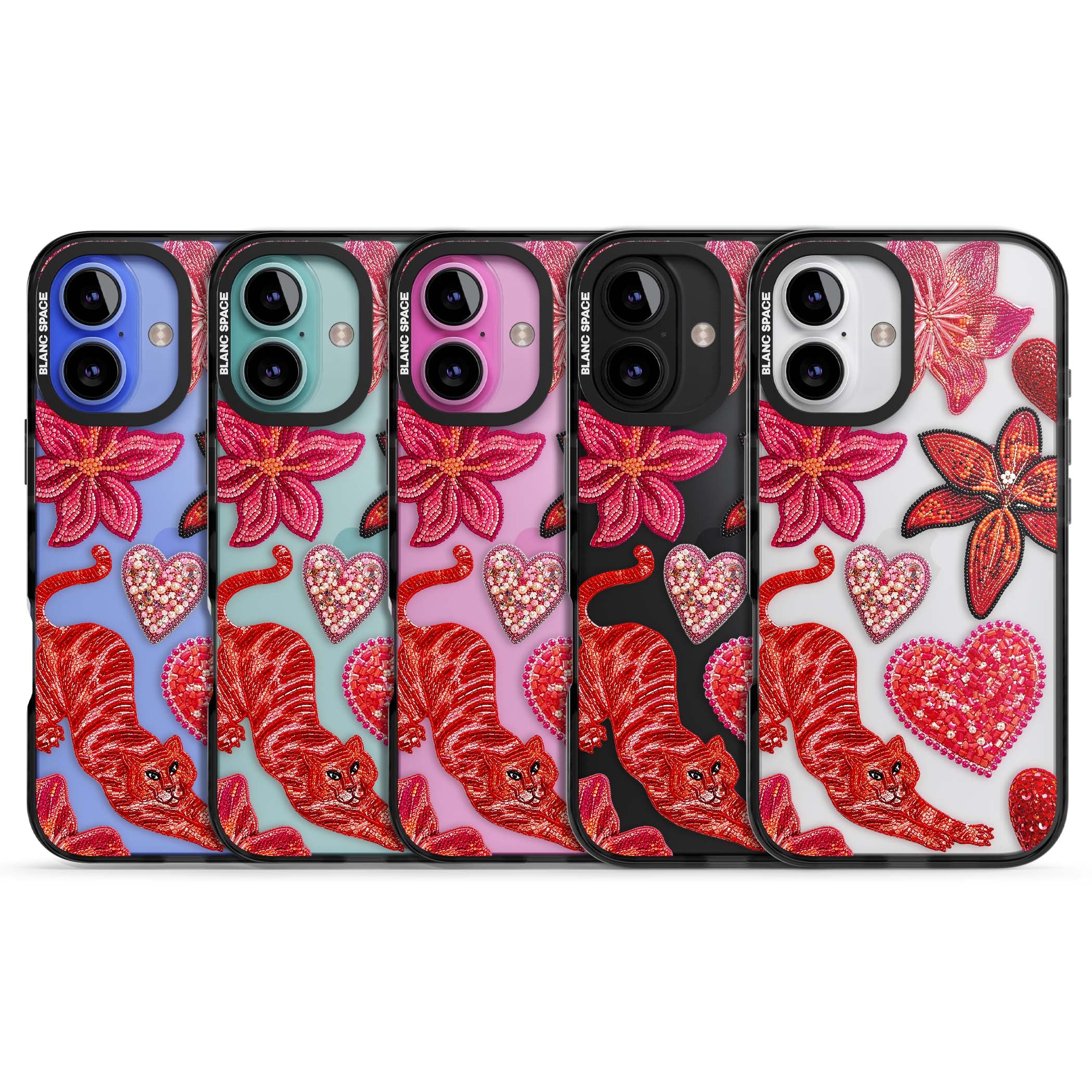 Beaded Boho floral iPhone case featuring beaded red lilies, a stitched tiger, and pearl-encrusted hearts on clear | Black Impact case for iPhone 16, iPhone 16 Plus