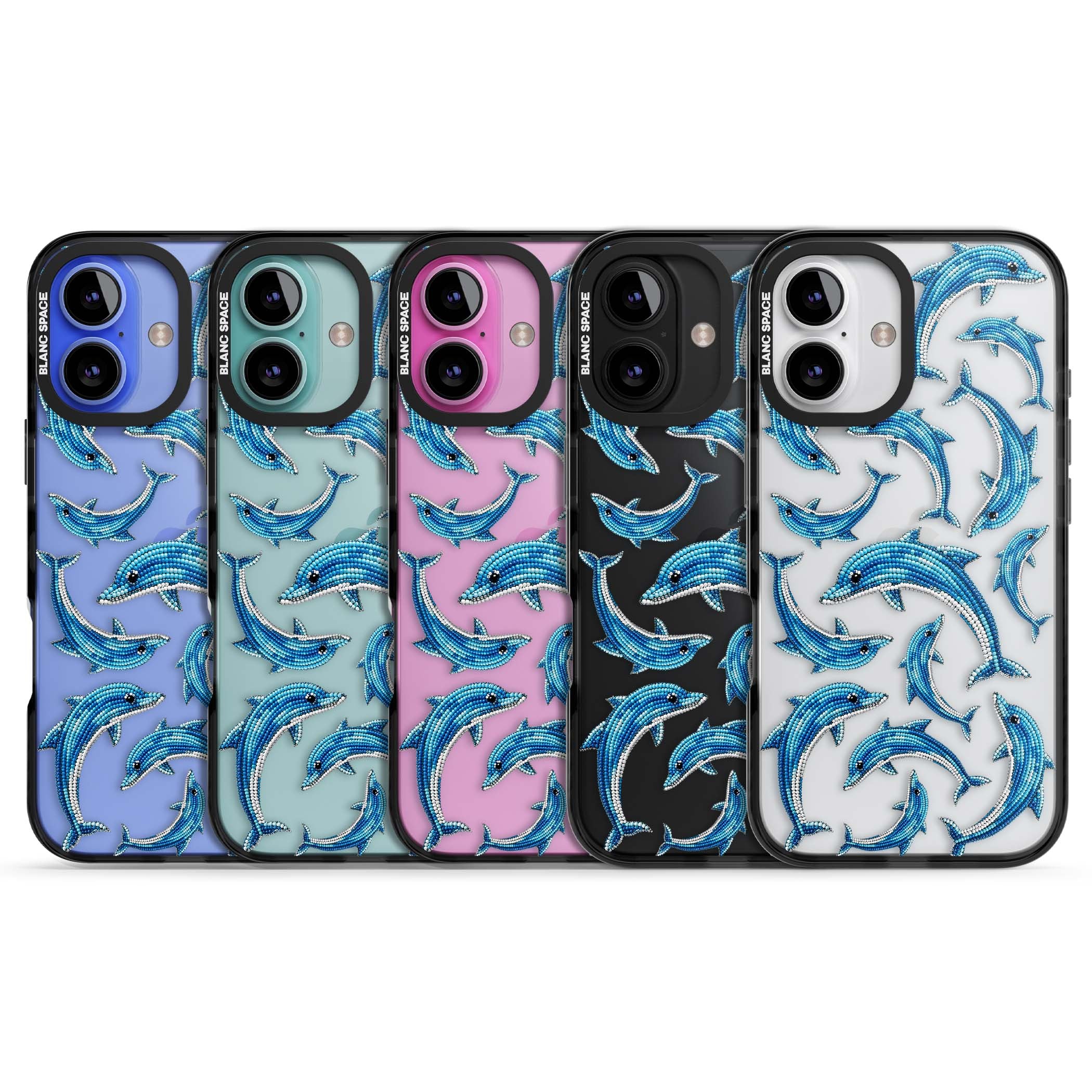 Beaded Dolphins coastal iPhone case featuring beaded dolphins in blue and white swimming across a clear background | Black Impact case for iPhone 16, iPhone 16 Plus